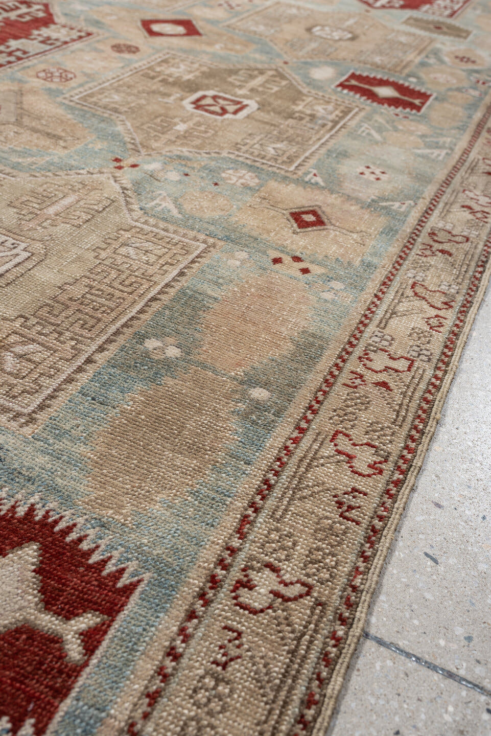5' x 12' one-of-a-kind handmade vintage NW Persian rug. Color palette: ivory, sky blue, taupe, rust, beige, light blue, gray