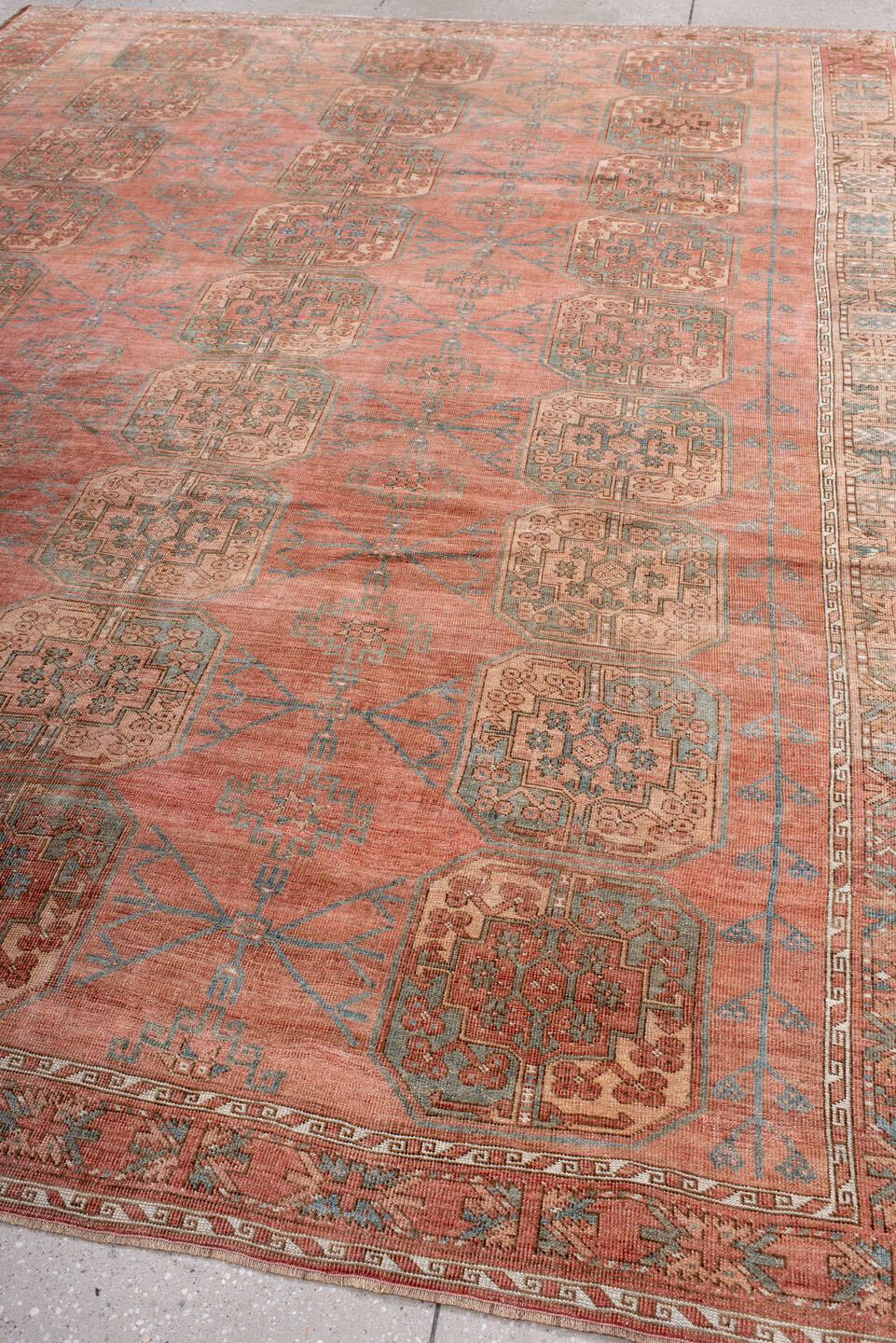 8' x 11' one-of-a-kind handmade vintage Afghan large size rug. Color palette: gray, brown, pink, orange, off-white