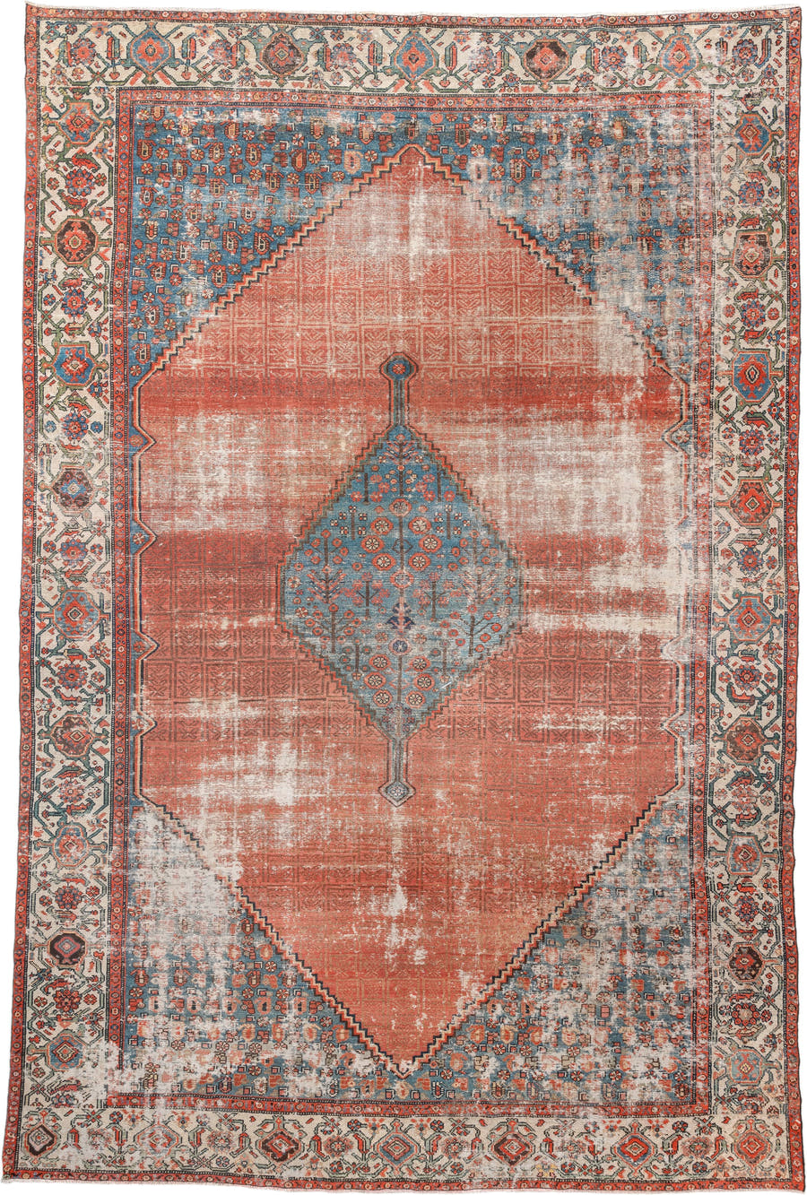 8' x 13' one-of-a-kind handmade antique Malayer large size rug. Color palette: terra cotta, ivory, blue, rust, slate, coral