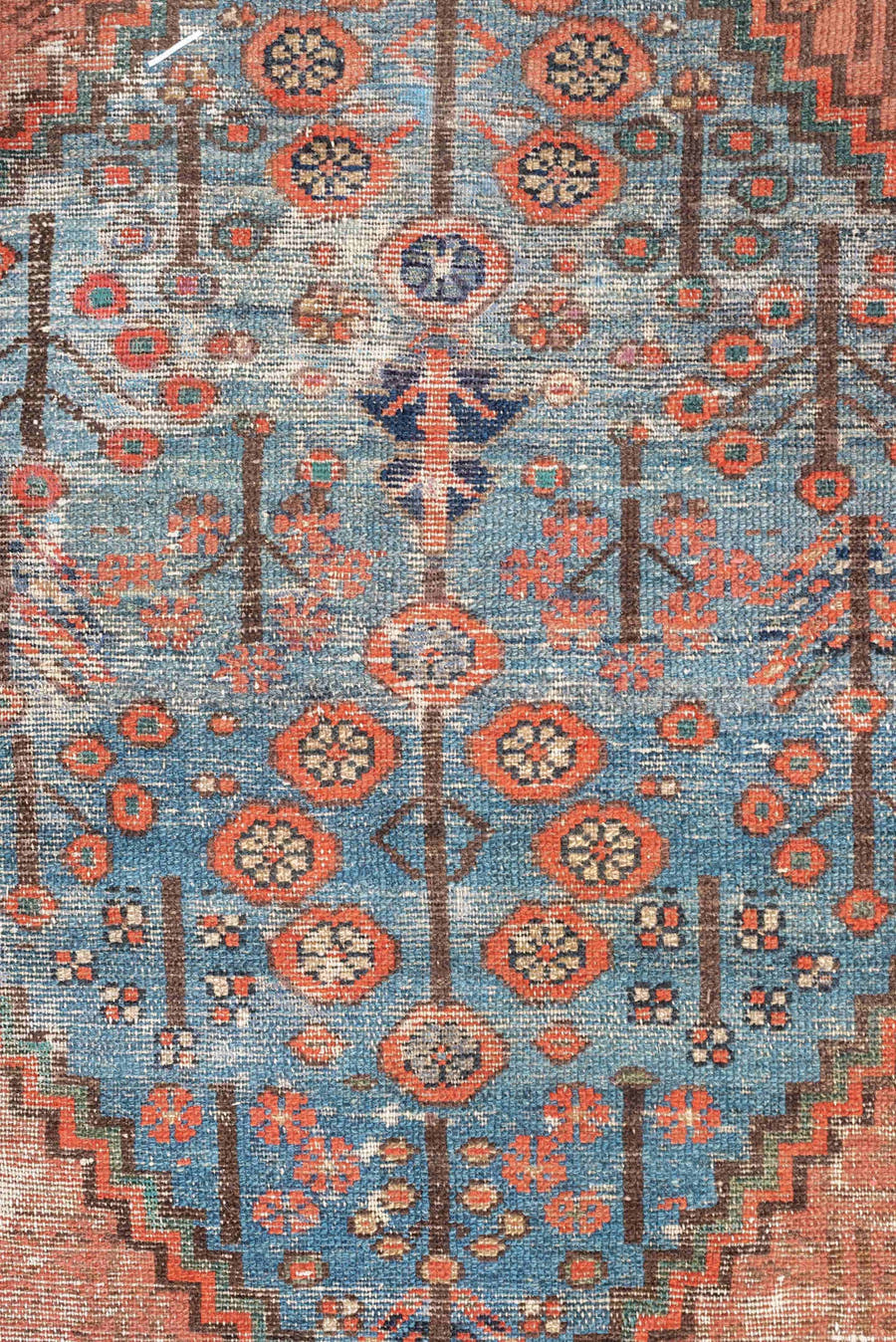 8' x 13' one-of-a-kind handmade antique Malayer large size rug. Color palette: terra cotta, ivory, blue, rust, slate, coral