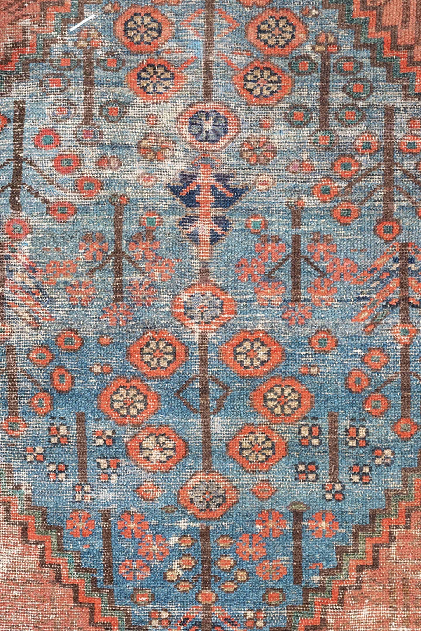 8' x 13' one-of-a-kind handmade antique Malayer large size rug. Color palette: terra cotta, ivory, blue, rust, slate, coral