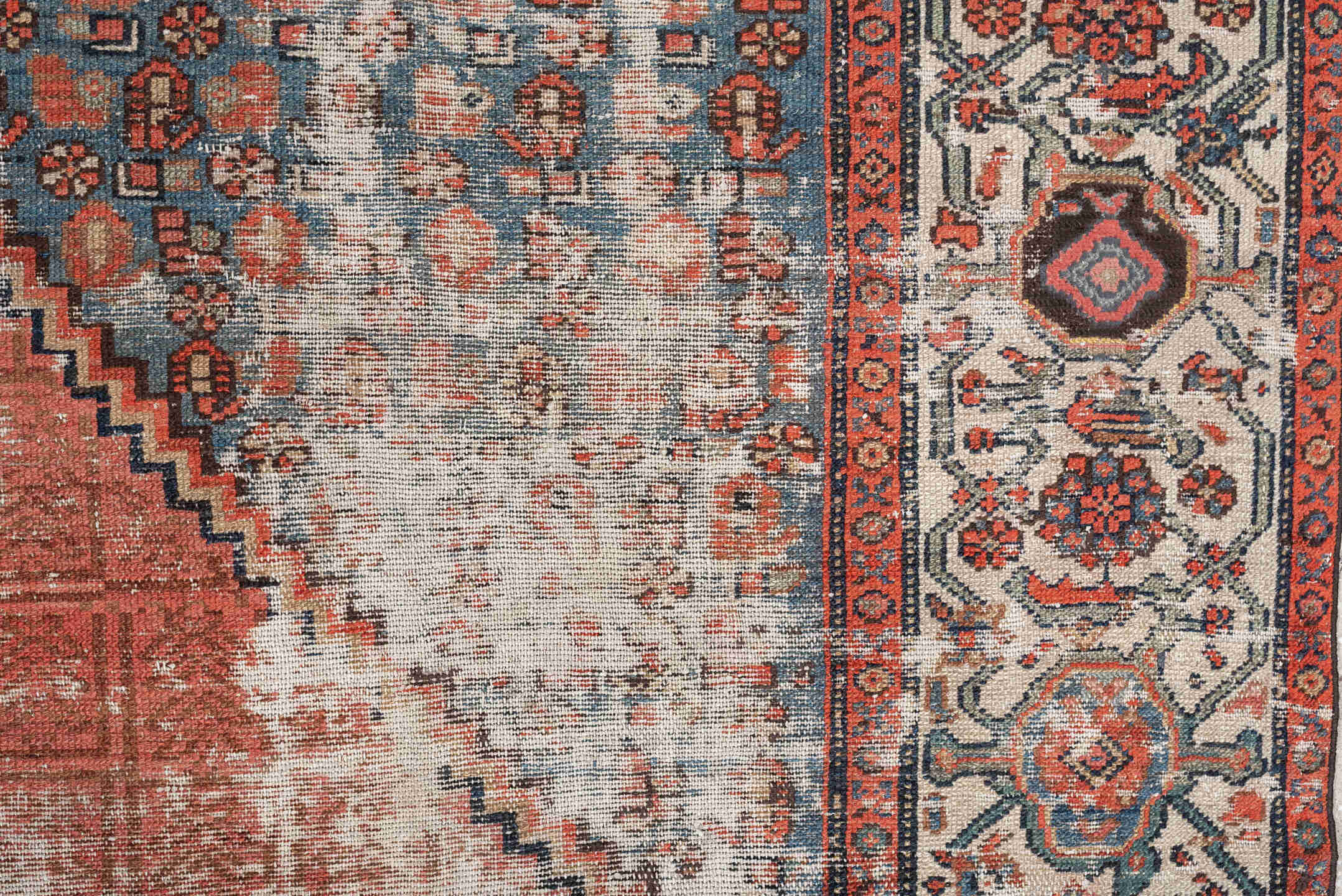 8' x 13' one-of-a-kind handmade antique Malayer large size rug. Color palette: terra cotta, ivory, blue, rust, slate, coral