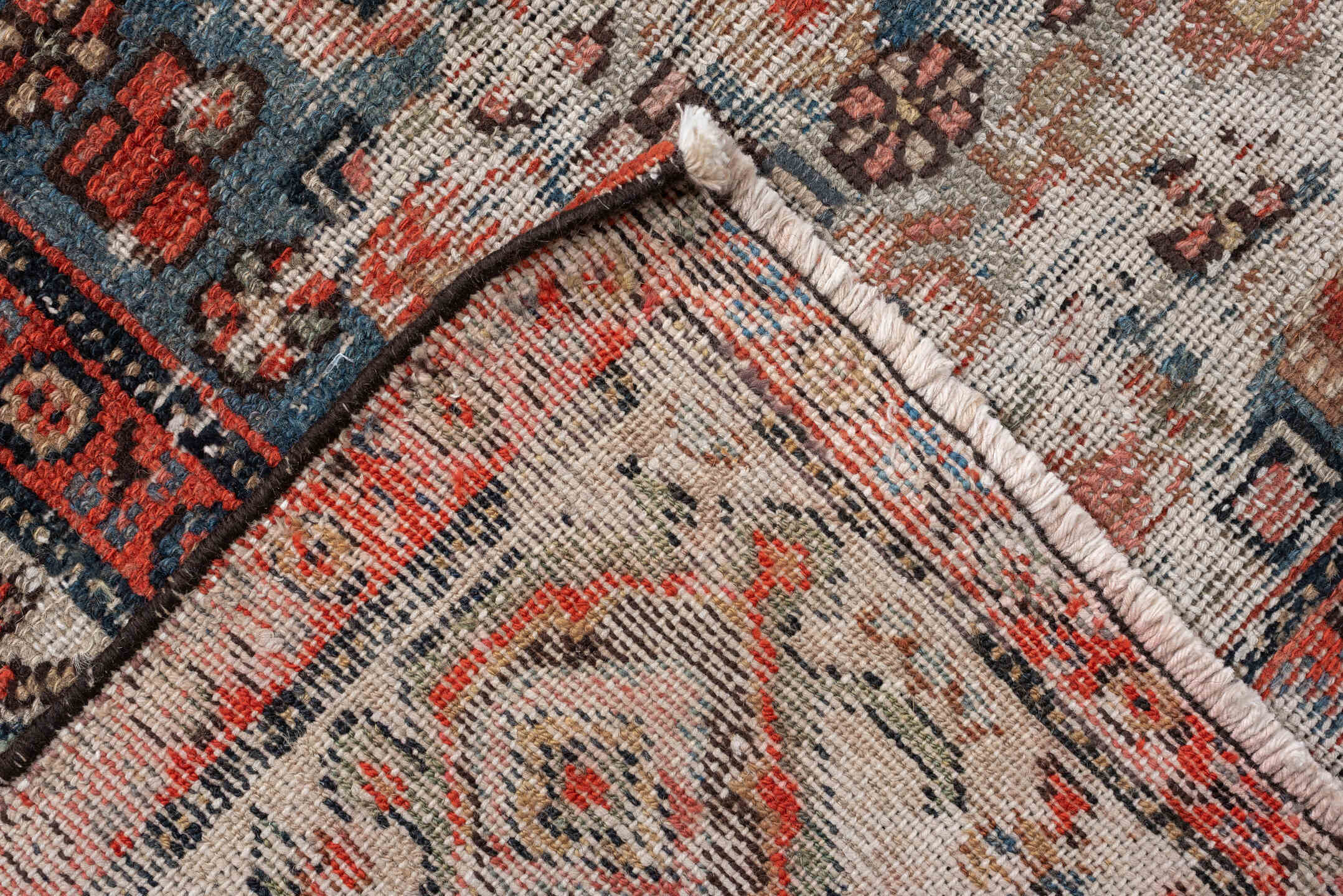 8' x 13' one-of-a-kind handmade antique Malayer large size rug. Color palette: terra cotta, ivory, blue, rust, slate, coral