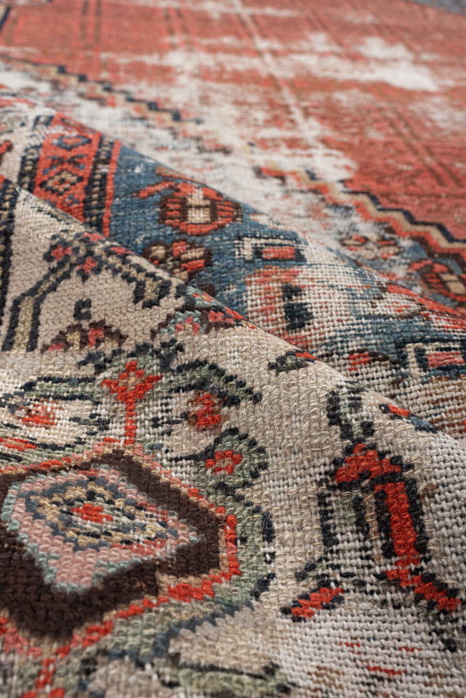 8' x 13' one-of-a-kind handmade antique Malayer large size rug. Color palette: terra cotta, ivory, blue, rust, slate, coral