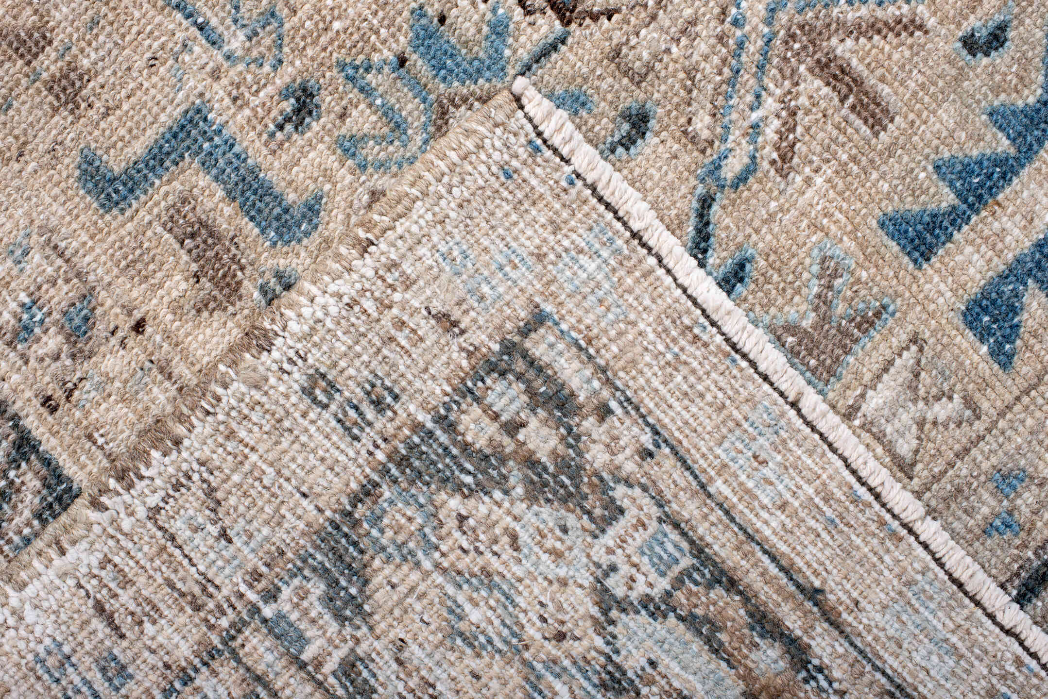 7' x 7' one-of-a-kind handmade antique Heriz rug. Color palette: ivory, beige, slate, taupe, sky blue, charcoal, gray