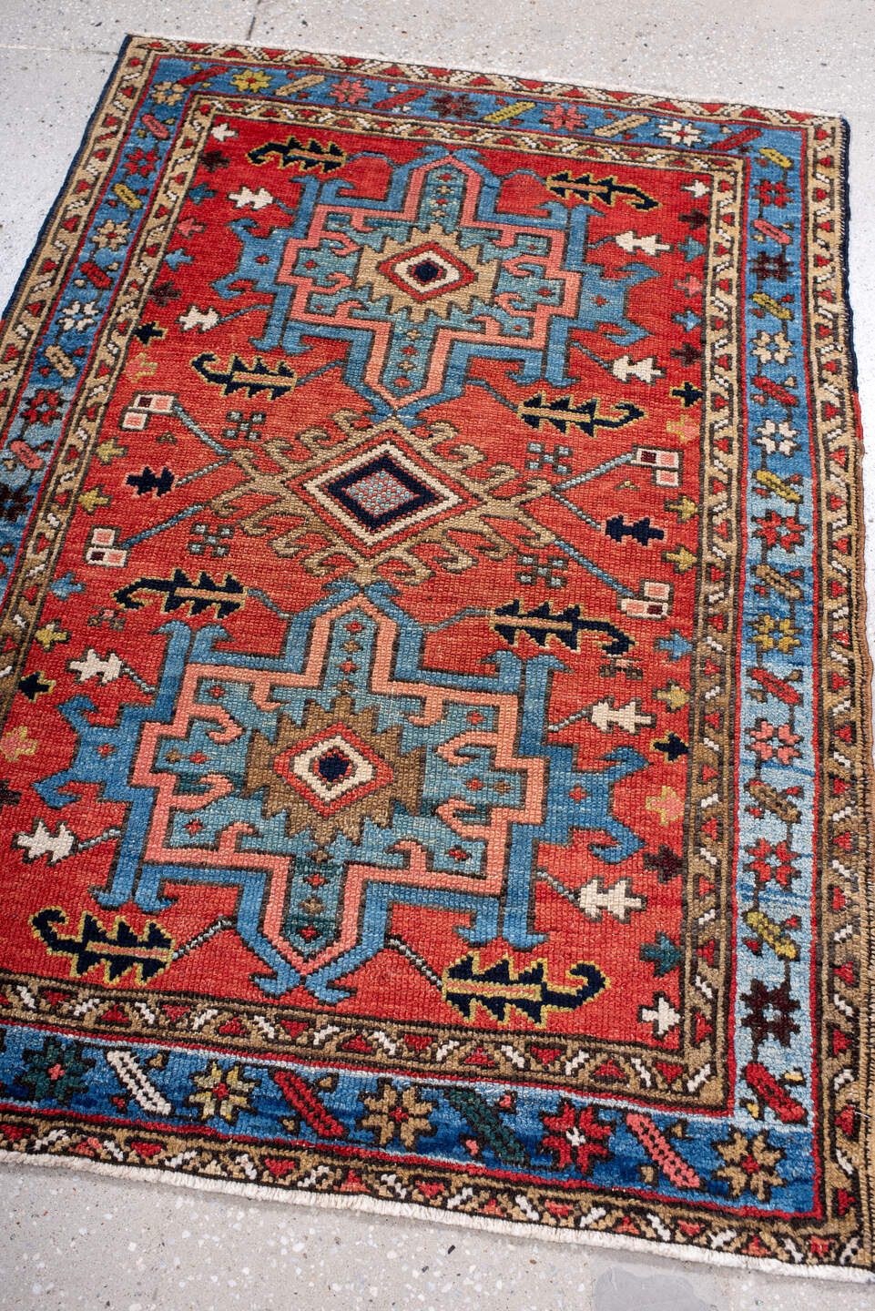 3' x 4' one-of-a-kind handmade antique Karaje small size rug. Color palette: rust, sky blue, ivory, navy, camel, rose, gold