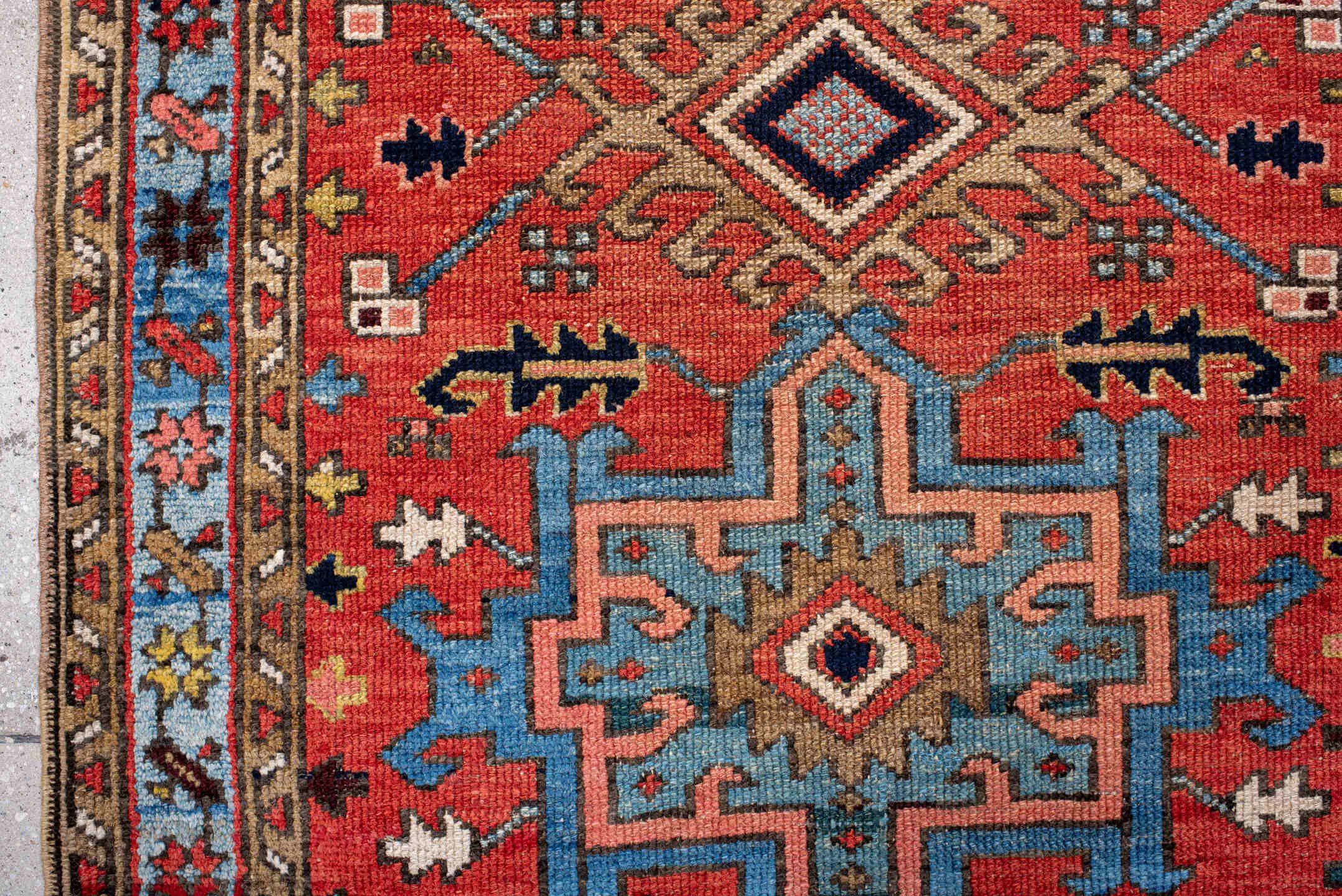 3' x 4' one-of-a-kind handmade antique Karaje small size rug. Color palette: rust, sky blue, ivory, navy, camel, rose, gold