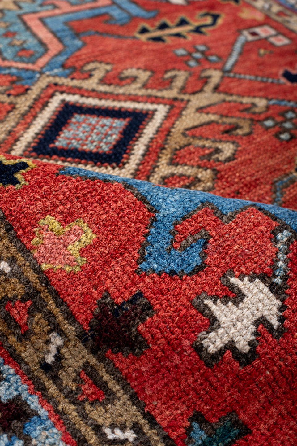 3' x 4' one-of-a-kind handmade antique Karaje small size rug. Color palette: rust, sky blue, ivory, navy, camel, rose, gold