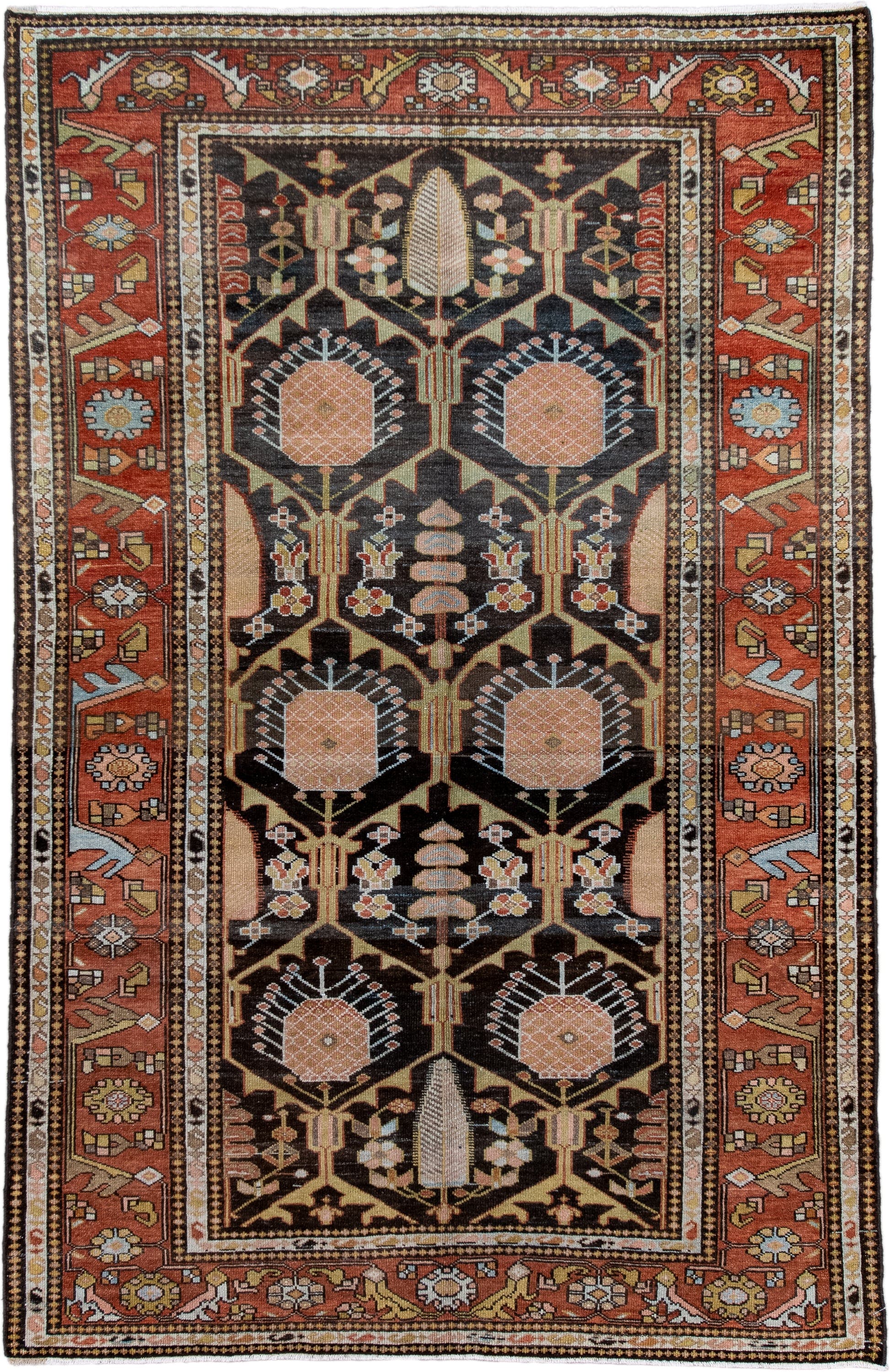 4' x 7' one-of-a-kind handmade antique Baktiary rug. Color palette: rust, charcoal, camel, ivory, soft blue, taupe, gold