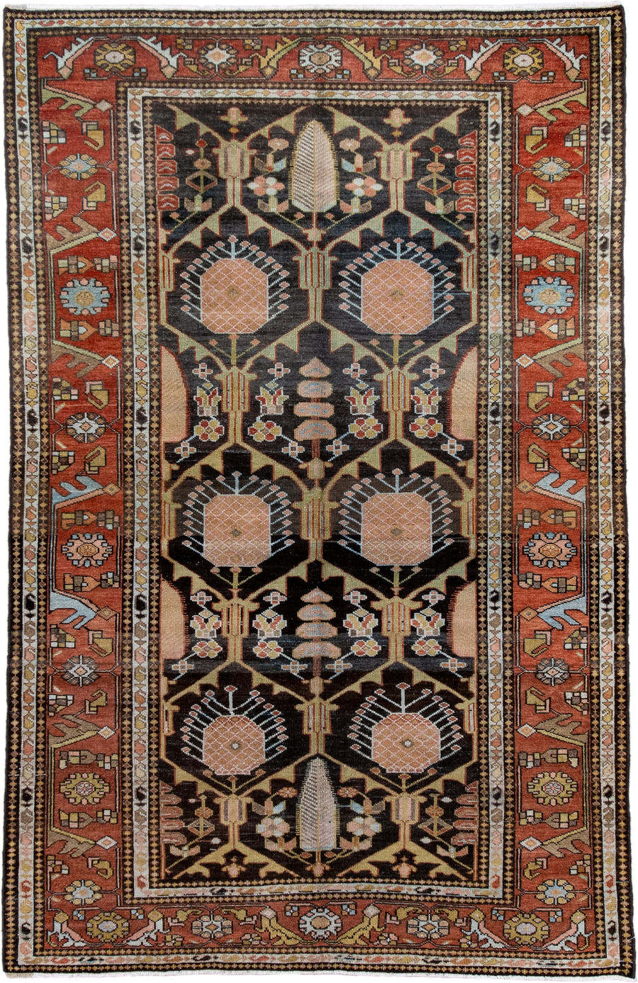 4' x 7' one-of-a-kind handmade antique Baktiary rug. Color palette: rust, charcoal, camel, ivory, soft blue, taupe, gold