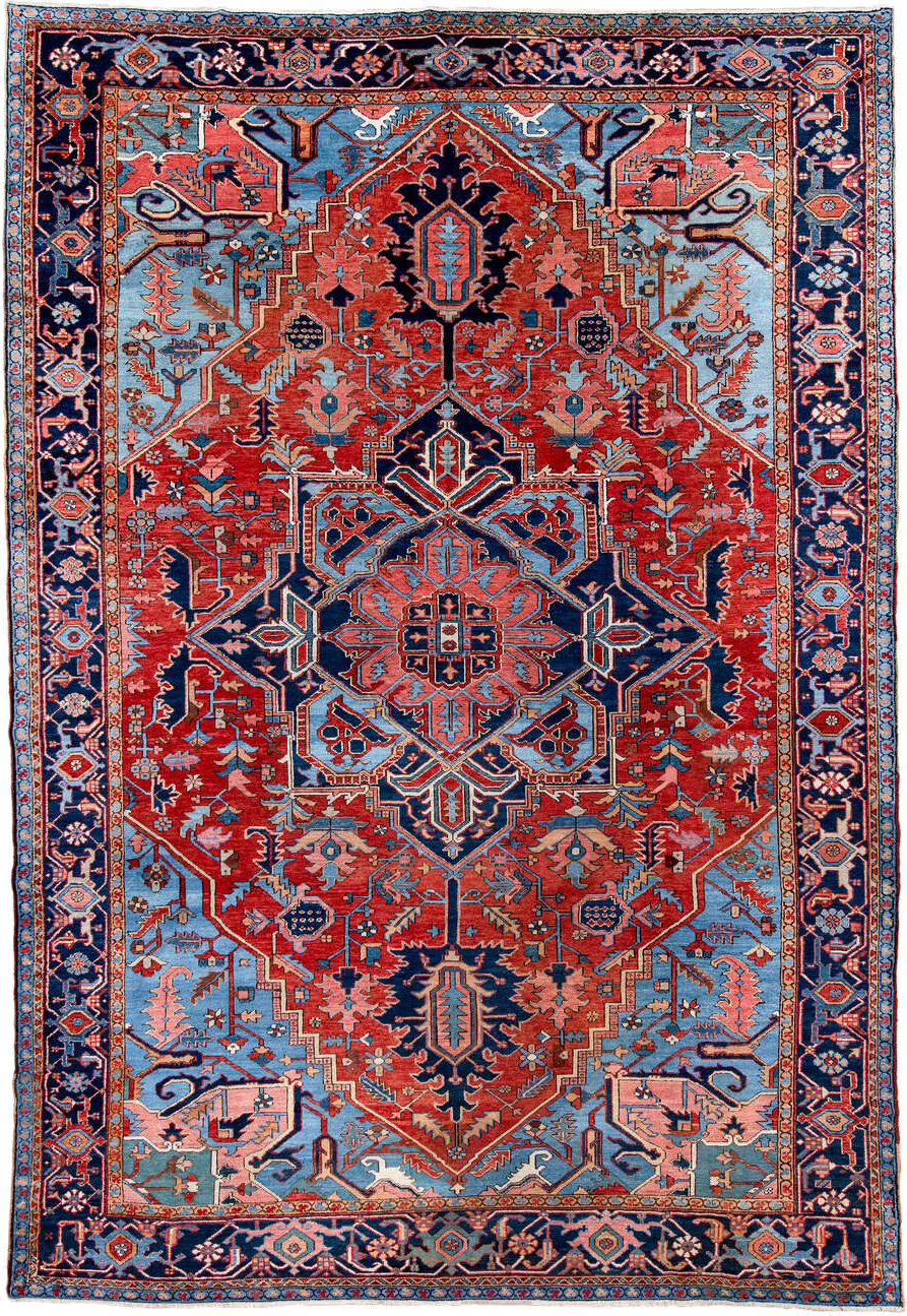 10' x 14' one-of-a-kind handmade antique Serapi large size rug. Color palette: rust, sky blue, navy, coral, ivory, slate