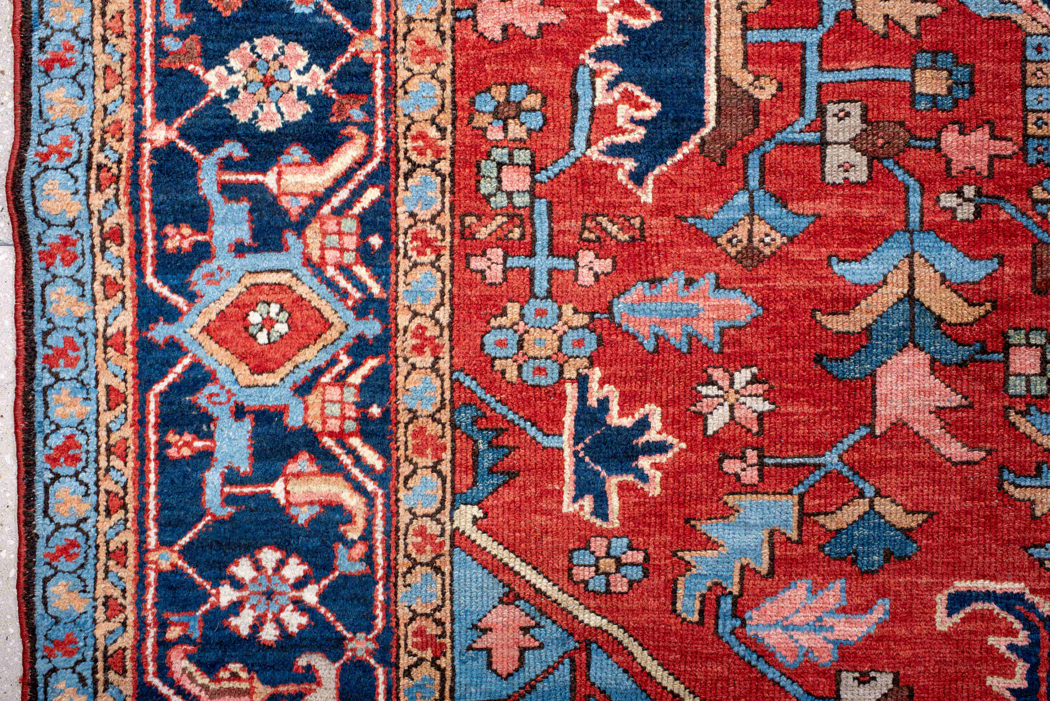 10' x 14' one-of-a-kind handmade antique Serapi large size rug. Color palette: rust, sky blue, navy, coral, ivory, slate