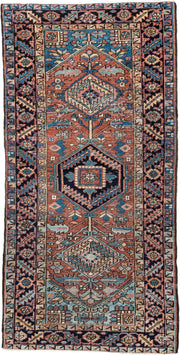 3' x 6' one-of-a-kind handmade antique Heriz small size rug. Color palette: terracotta, navy, sky blue, ivory, camel, rose