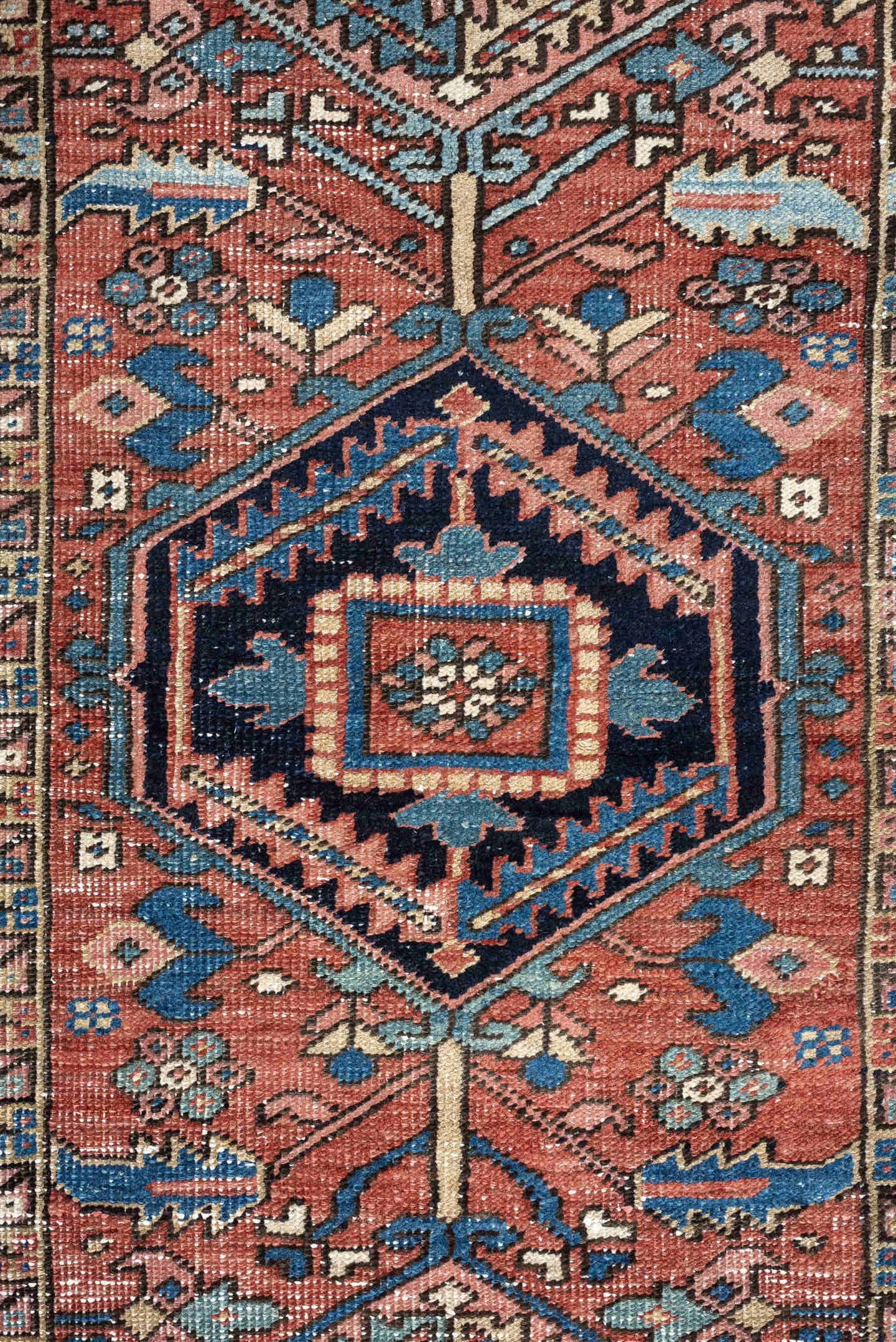 3' x 6' one-of-a-kind handmade antique Heriz small size rug. Color palette: terracotta, navy, sky blue, ivory, camel, rose