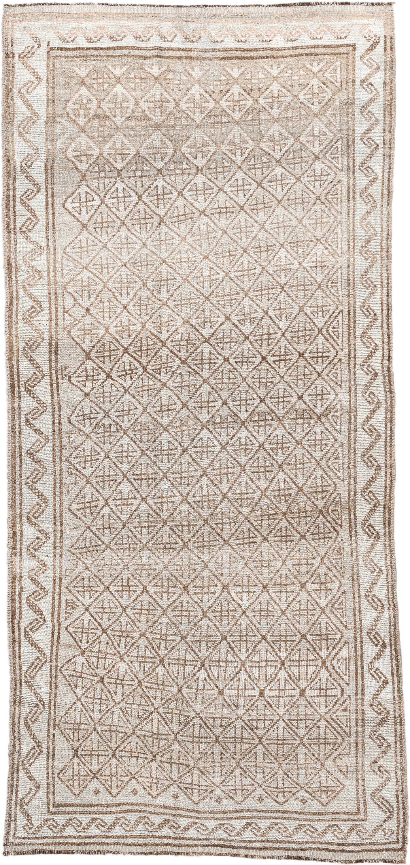 9' x 4' one-of-a-kind handmade antique Belouch rug. Color palette: ivory, camel, taupe, sand, light brown, beige, gray