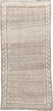 9' x 4' one-of-a-kind handmade antique Belouch rug. Color palette: ivory, camel, taupe, sand, light brown, beige, gray