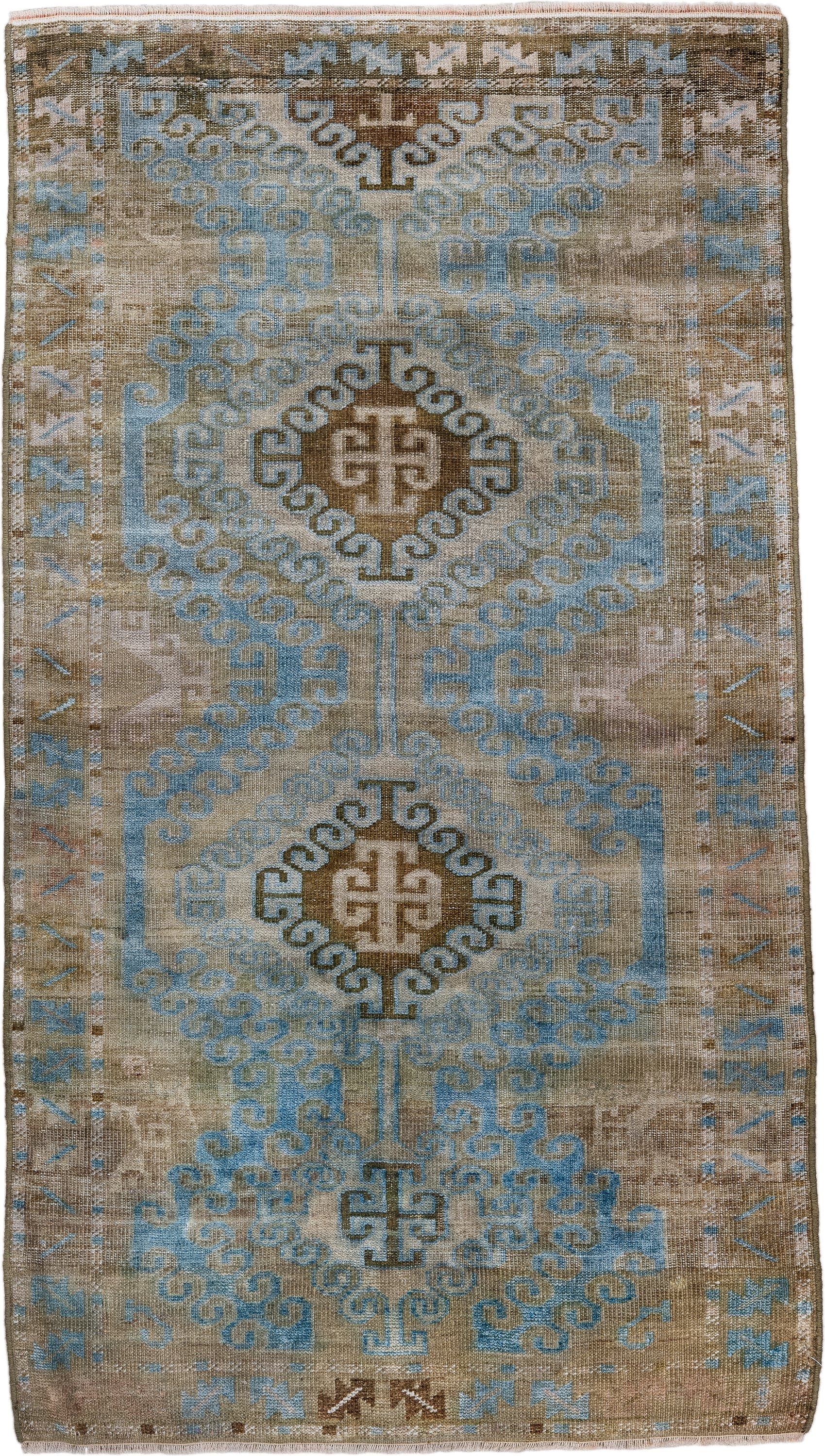 2' x 4' one-of-a-kind handmade antique Belouch small size rug. Color palette: camel, pale blue, taupe, ivory, brown, beige