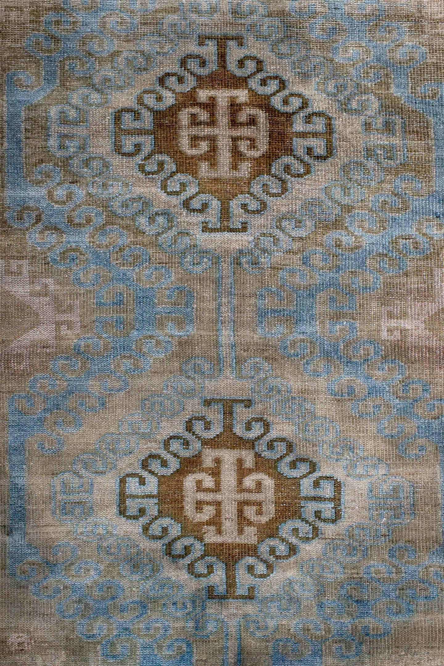 2' x 4' one-of-a-kind handmade antique Belouch small size rug. Color palette: camel, pale blue, taupe, ivory, brown, beige