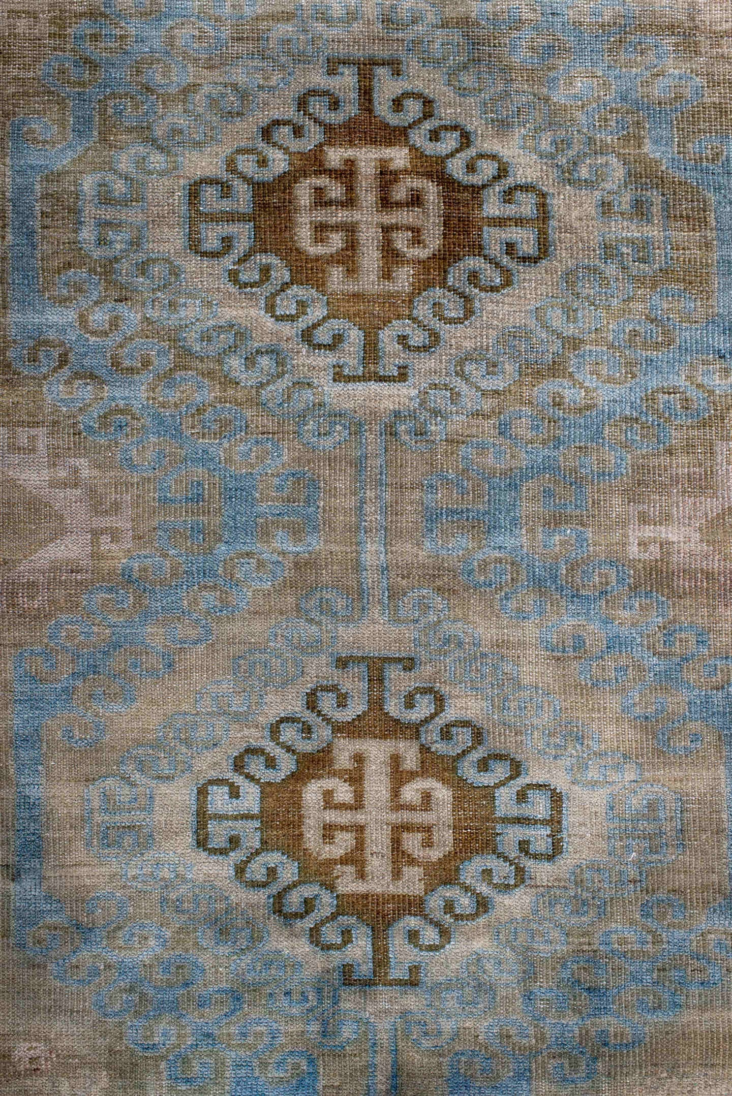 2' x 4' one-of-a-kind handmade antique Belouch small size rug. Color palette: camel, pale blue, taupe, ivory, brown, beige
