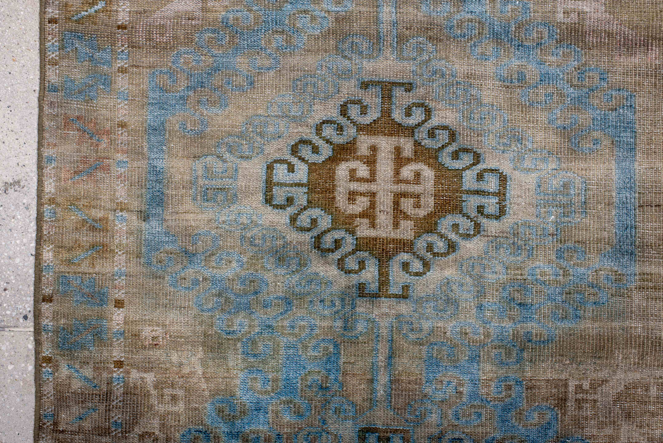 2' x 4' one-of-a-kind handmade antique Belouch small size rug. Color palette: camel, pale blue, taupe, ivory, brown, beige