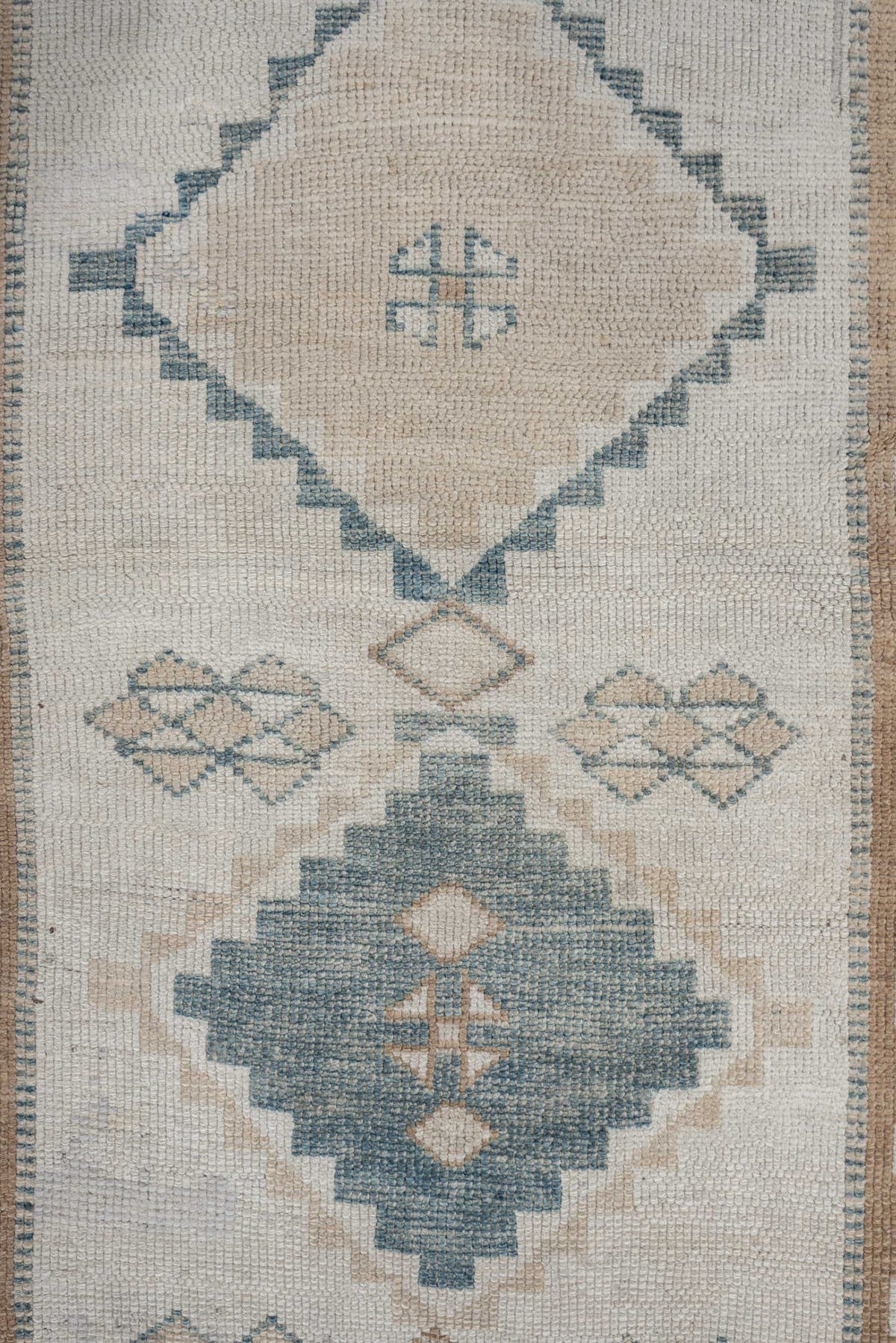 2' x 6' one-of-a-kind handmade antique Gabbeh runner rug. Color palette: ivory, pale blue, camel, taupe, brown, light blue