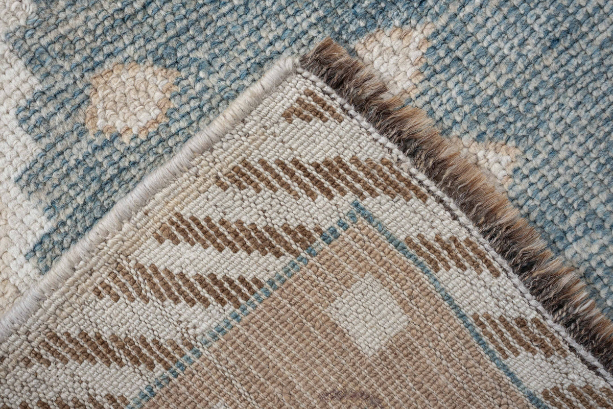2' x 6' one-of-a-kind handmade antique Gabbeh runner rug. Color palette: ivory, pale blue, camel, taupe, brown, light blue