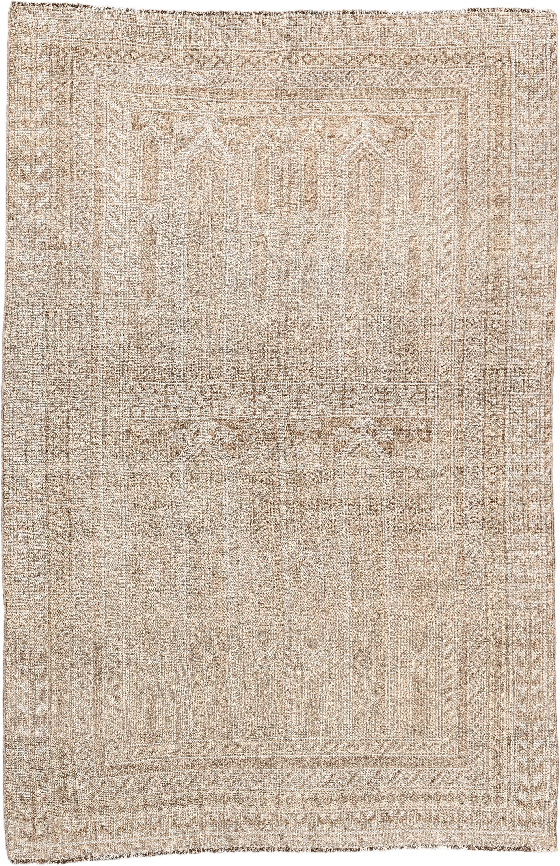 4' x 6' one-of-a-kind handmade antique Belouch small size rug. Color palette: camel, ivory, taupe, sand, beige, gray
