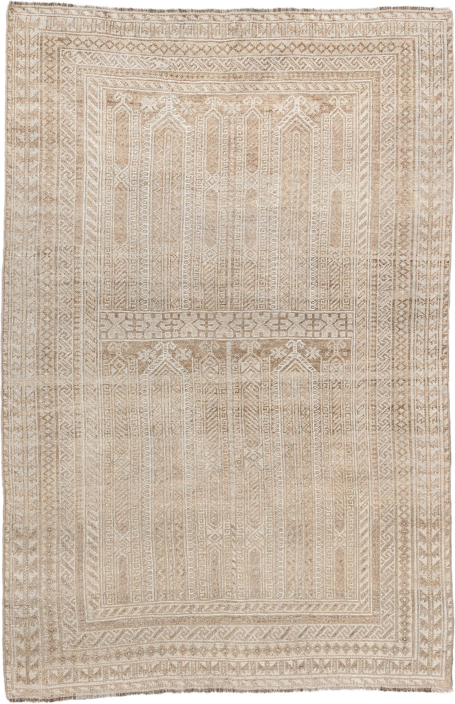 4' x 6' one-of-a-kind handmade antique Belouch small size rug. Color palette: camel, ivory, taupe, sand, beige, gray