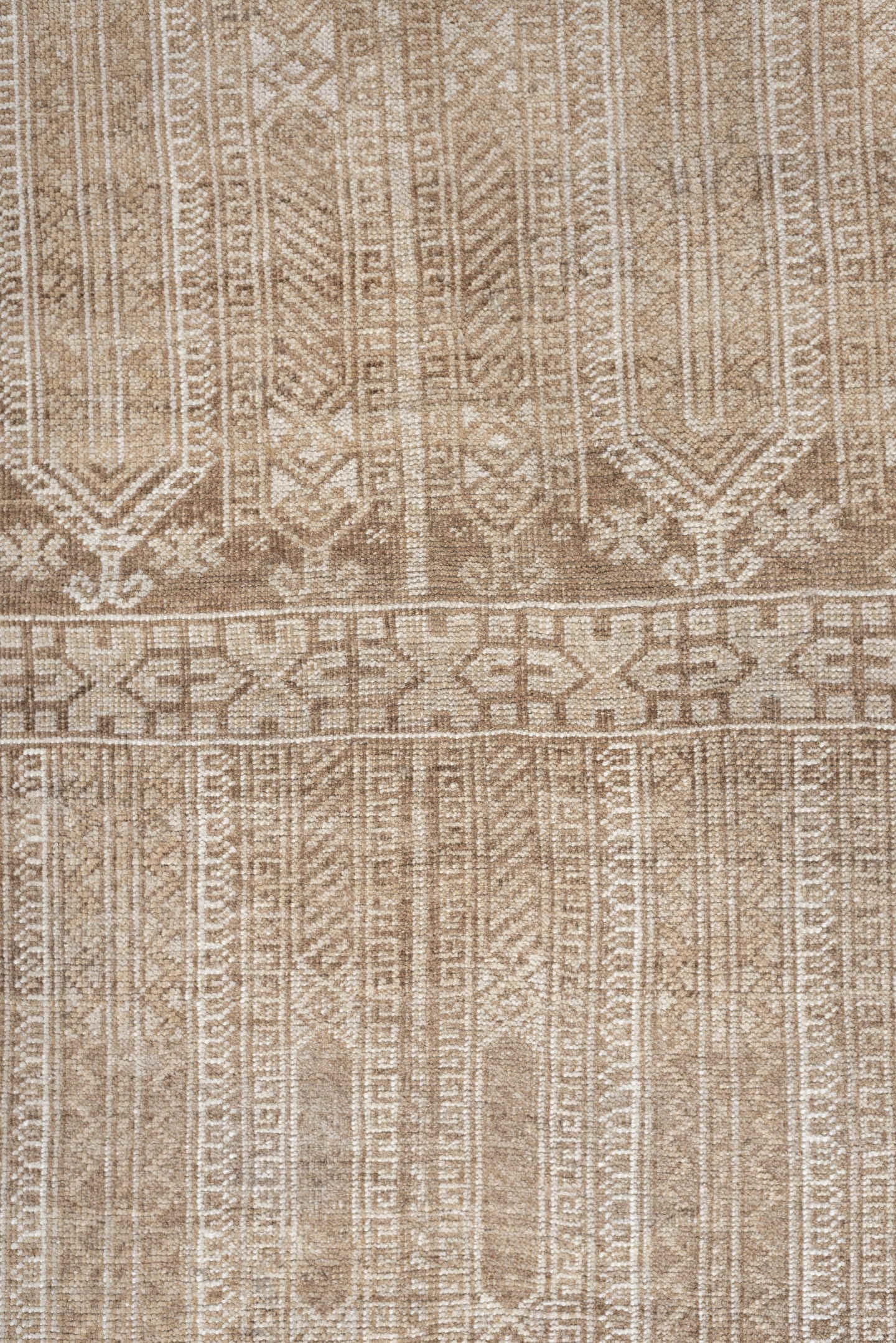 4' x 6' one-of-a-kind handmade antique Belouch small size rug. Color palette: camel, ivory, taupe, sand, beige, gray