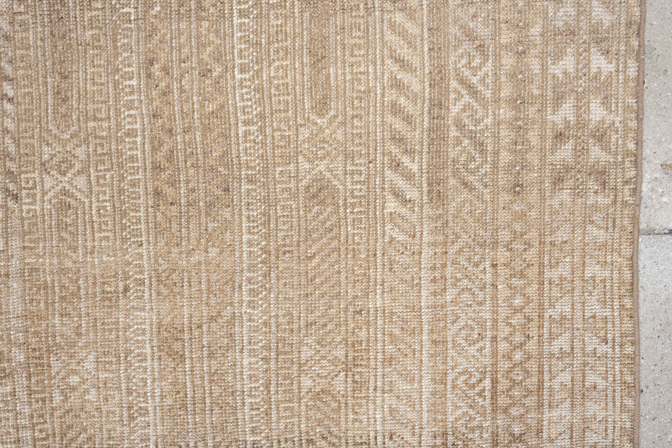 4' x 6' one-of-a-kind handmade antique Belouch small size rug. Color palette: camel, ivory, taupe, sand, beige, gray