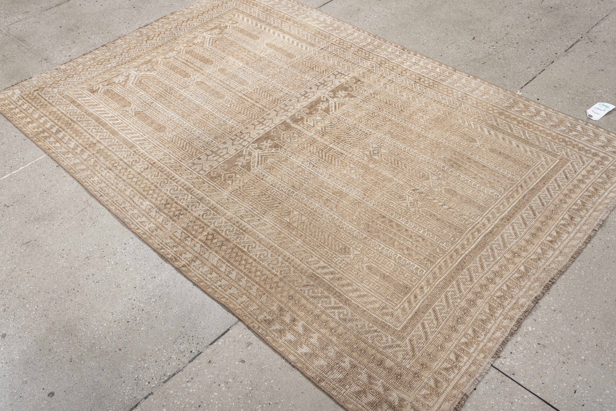 4' x 6' one-of-a-kind handmade antique Belouch small size rug. Color palette: camel, ivory, taupe, sand, beige, gray