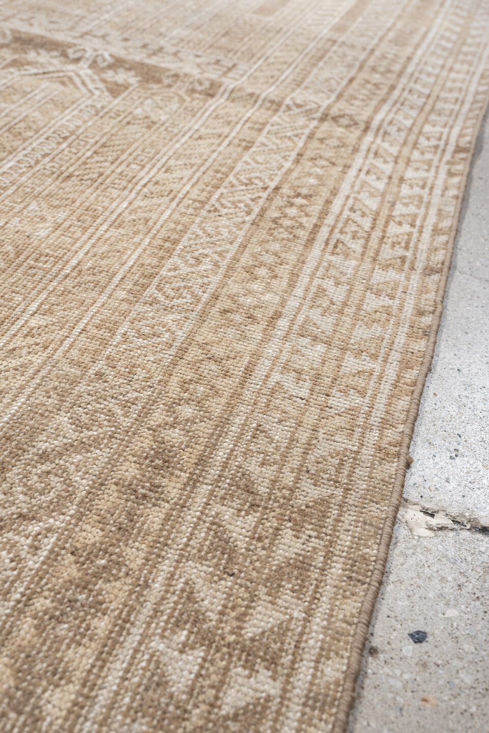 4' x 6' one-of-a-kind handmade antique Belouch small size rug. Color palette: camel, ivory, taupe, sand, beige, gray