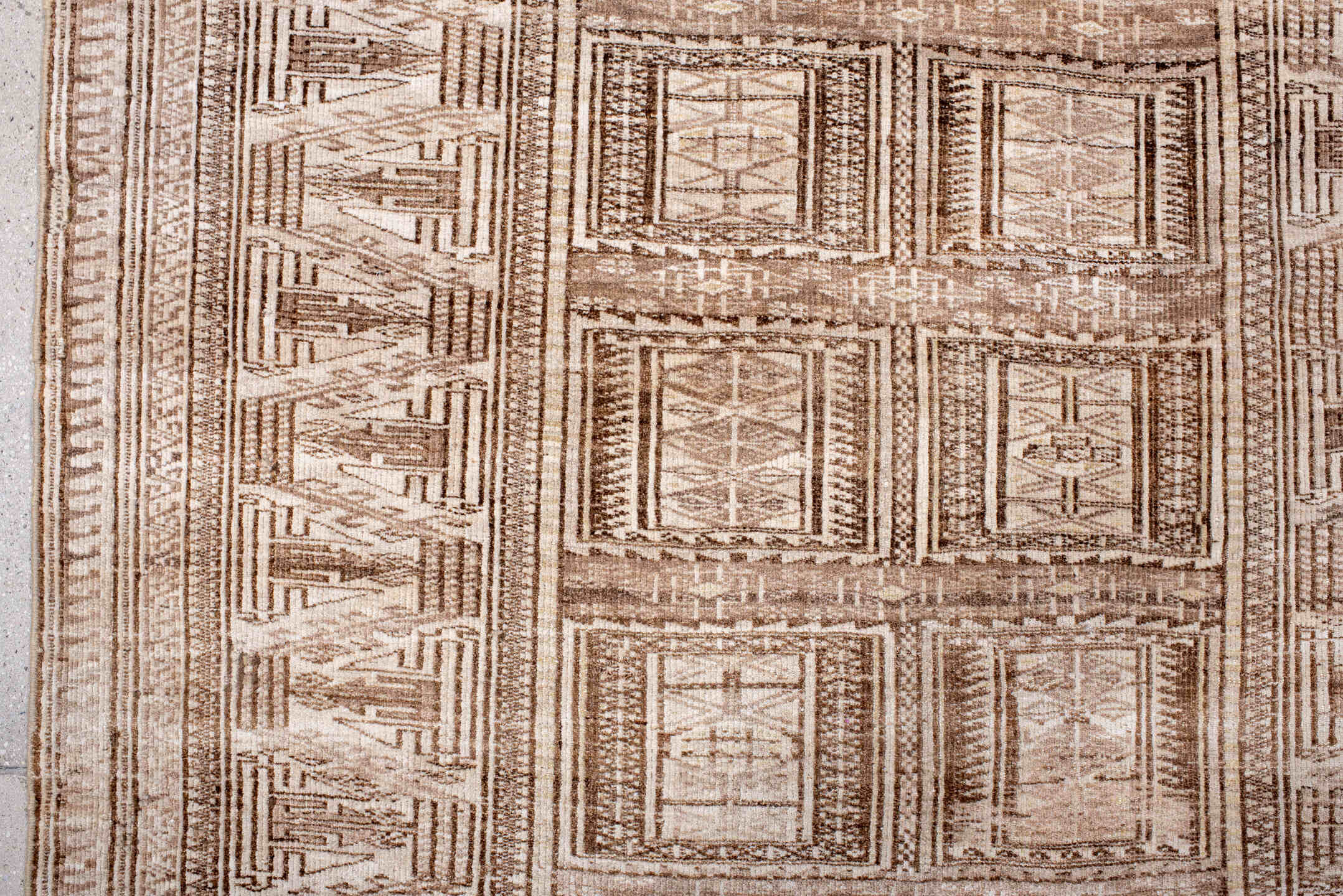 3' x 6' one-of-a-kind handmade vintage Belouch small size rug. Color palette: antiquewhite, brown, gray, light gray, linen