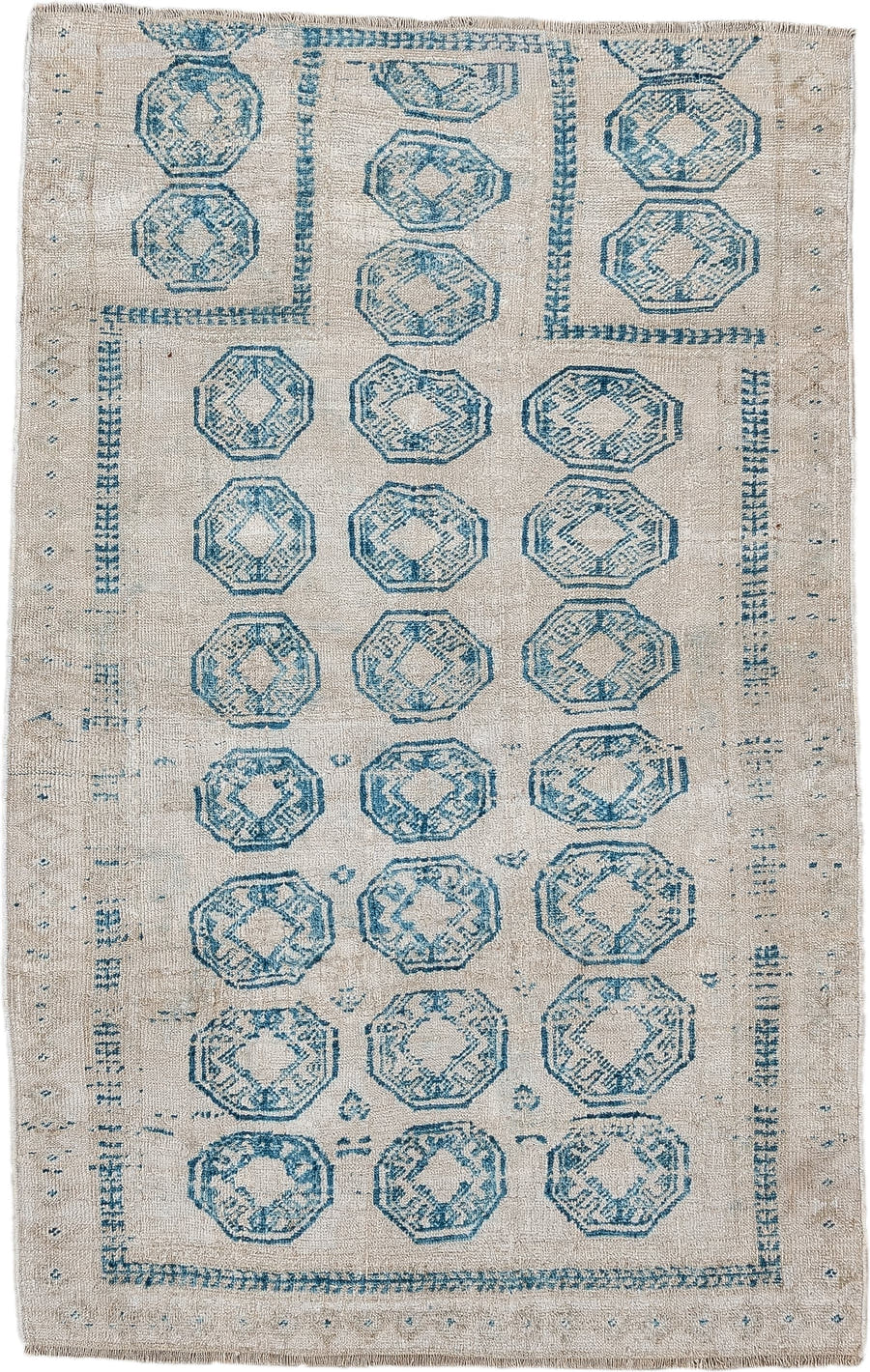 2' x 4' one-of-a-kind handmade antique Belouch small size rug. Color palette: ivory, sky blue, beige, taupe, light blue