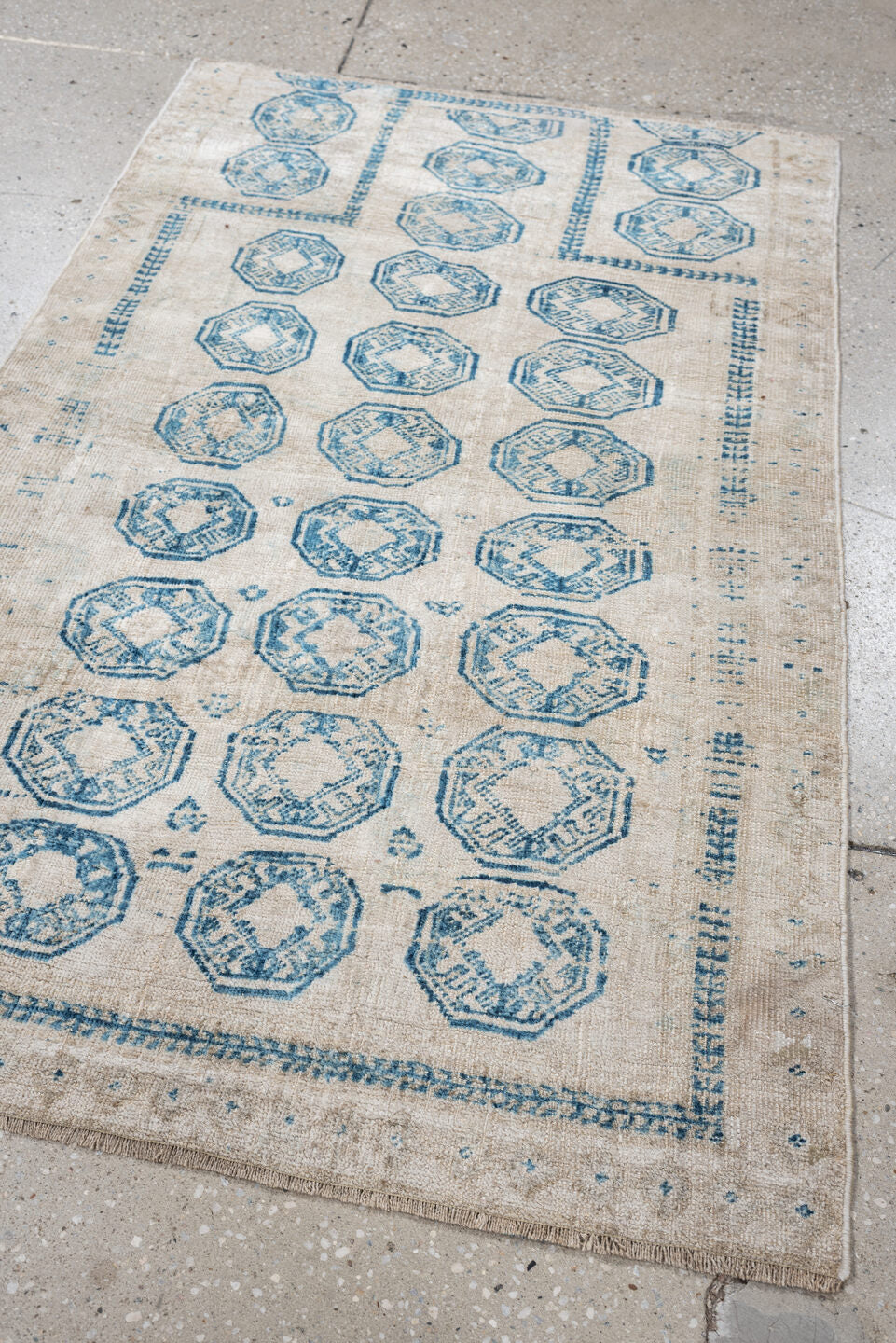 2' x 4' one-of-a-kind handmade antique Belouch small size rug. Color palette: ivory, sky blue, beige, taupe, light blue