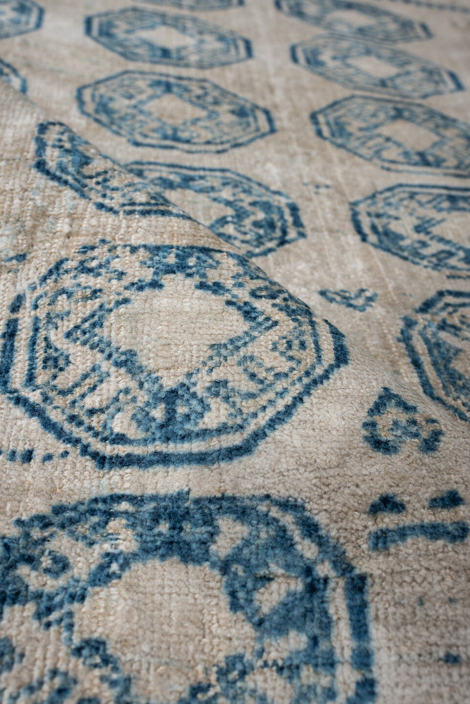 2' x 4' one-of-a-kind handmade antique Belouch small size rug. Color palette: ivory, sky blue, beige, taupe, light blue