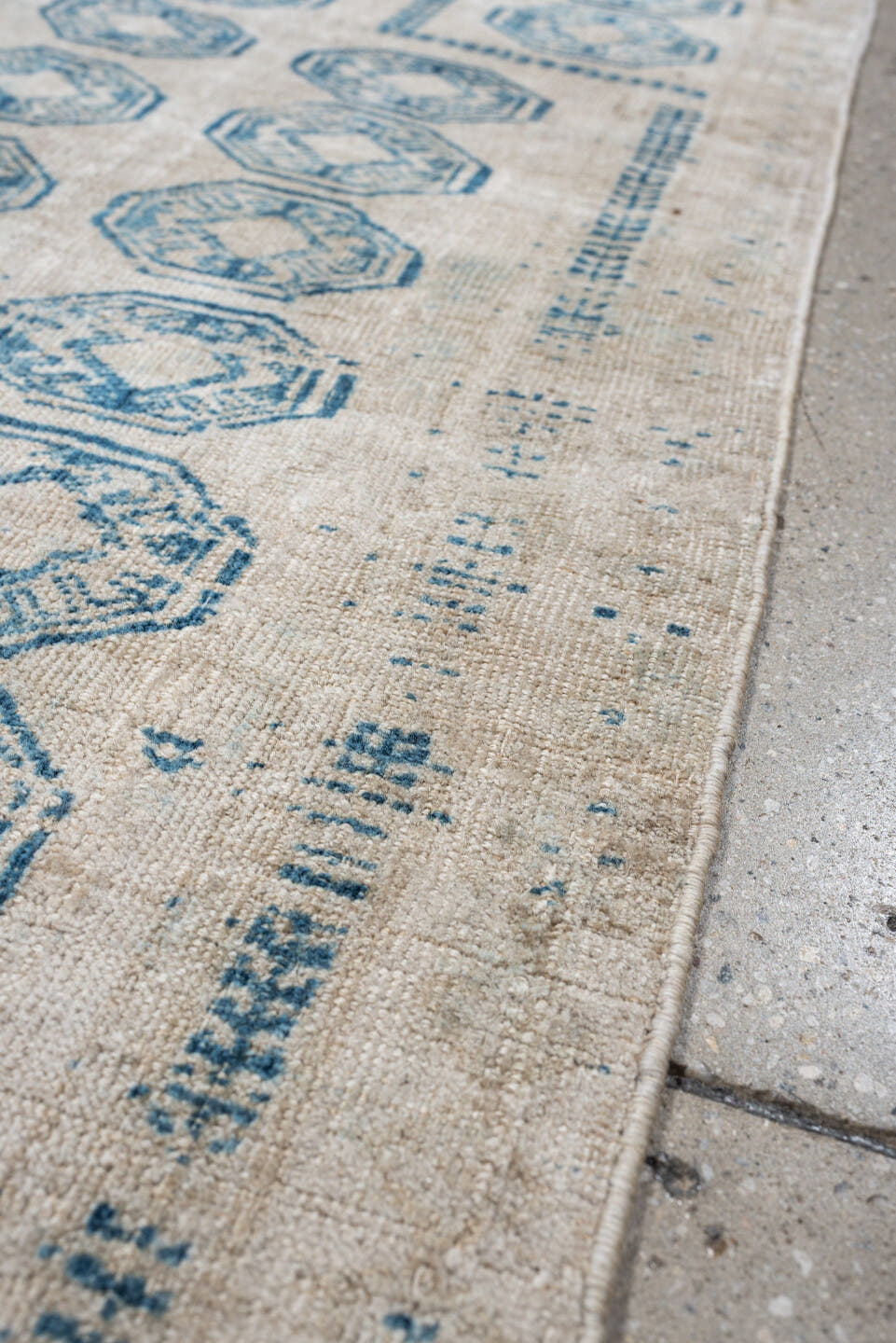 2' x 4' one-of-a-kind handmade antique Belouch small size rug. Color palette: ivory, sky blue, beige, taupe, light blue