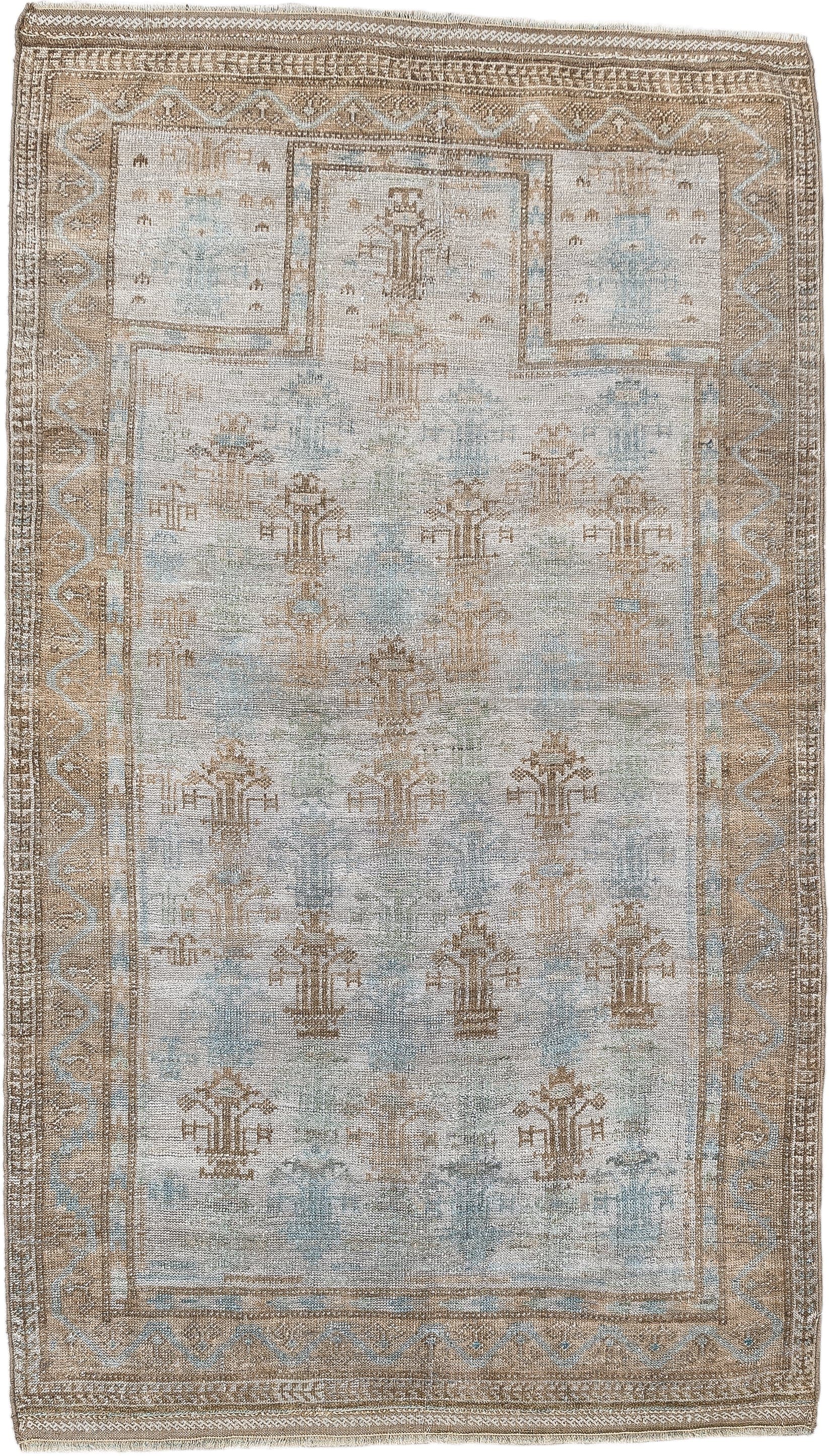2' x 4' one-of-a-kind handmade antique Belouch small size rug. Color palette: ivory, camel, taupe, sky blue, beige