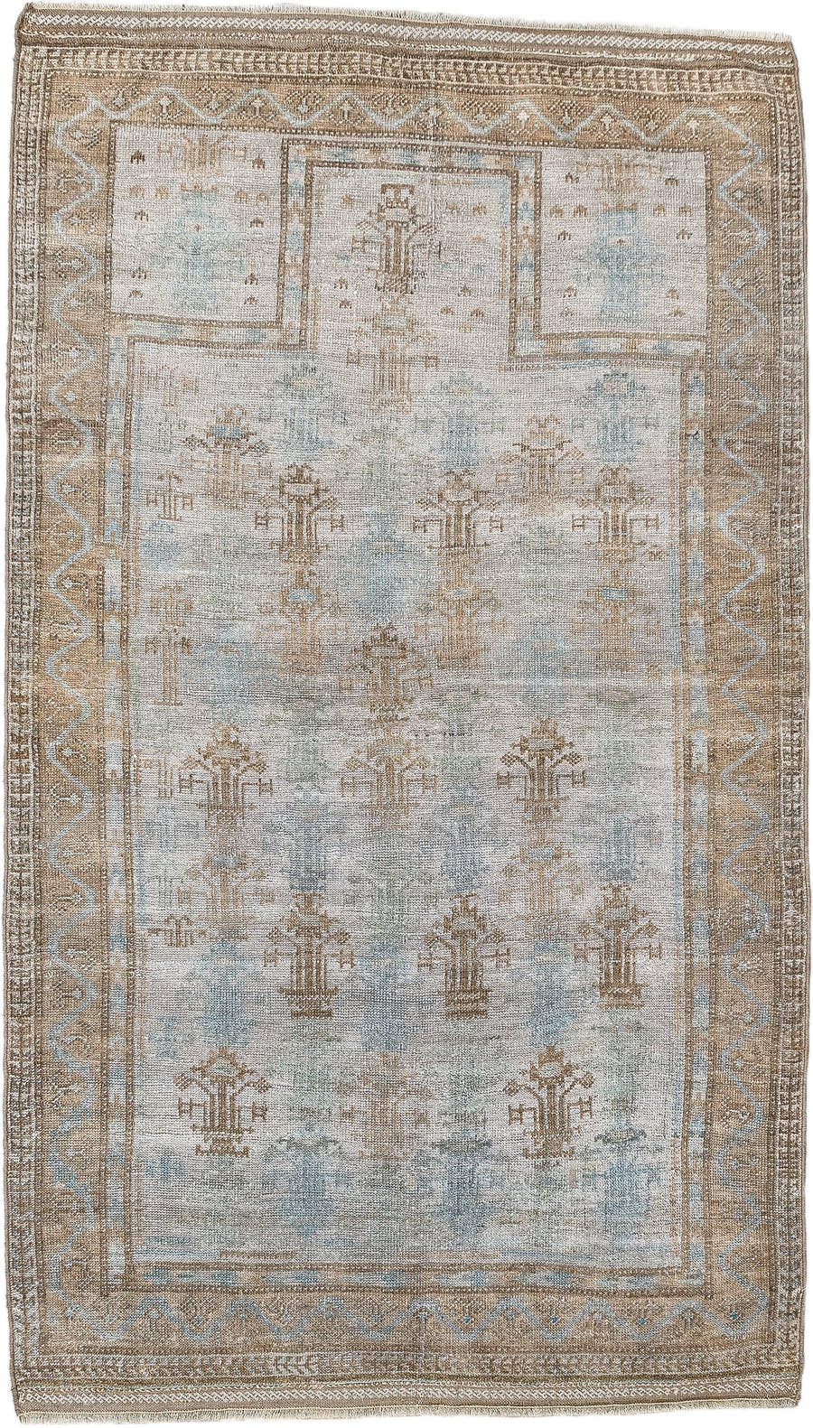 2' x 4' one-of-a-kind handmade antique Belouch small size rug. Color palette: ivory, camel, taupe, sky blue, beige