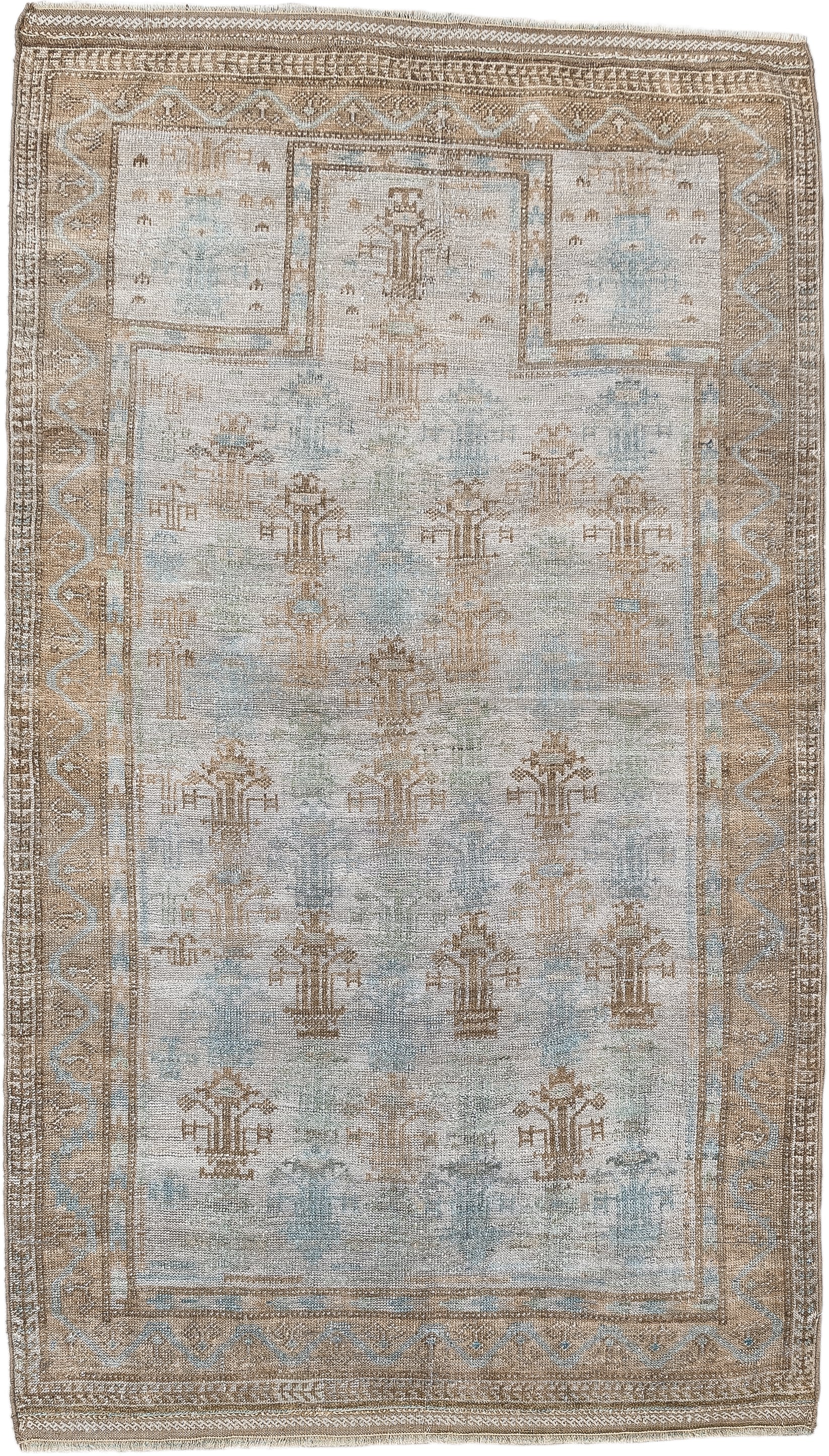 2' x 4' one-of-a-kind handmade antique Belouch small size rug. Color palette: ivory, camel, taupe, sky blue, beige