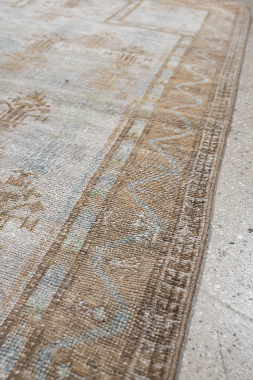 2' x 4' one-of-a-kind handmade antique Belouch small size rug. Color palette: ivory, camel, taupe, sky blue, beige