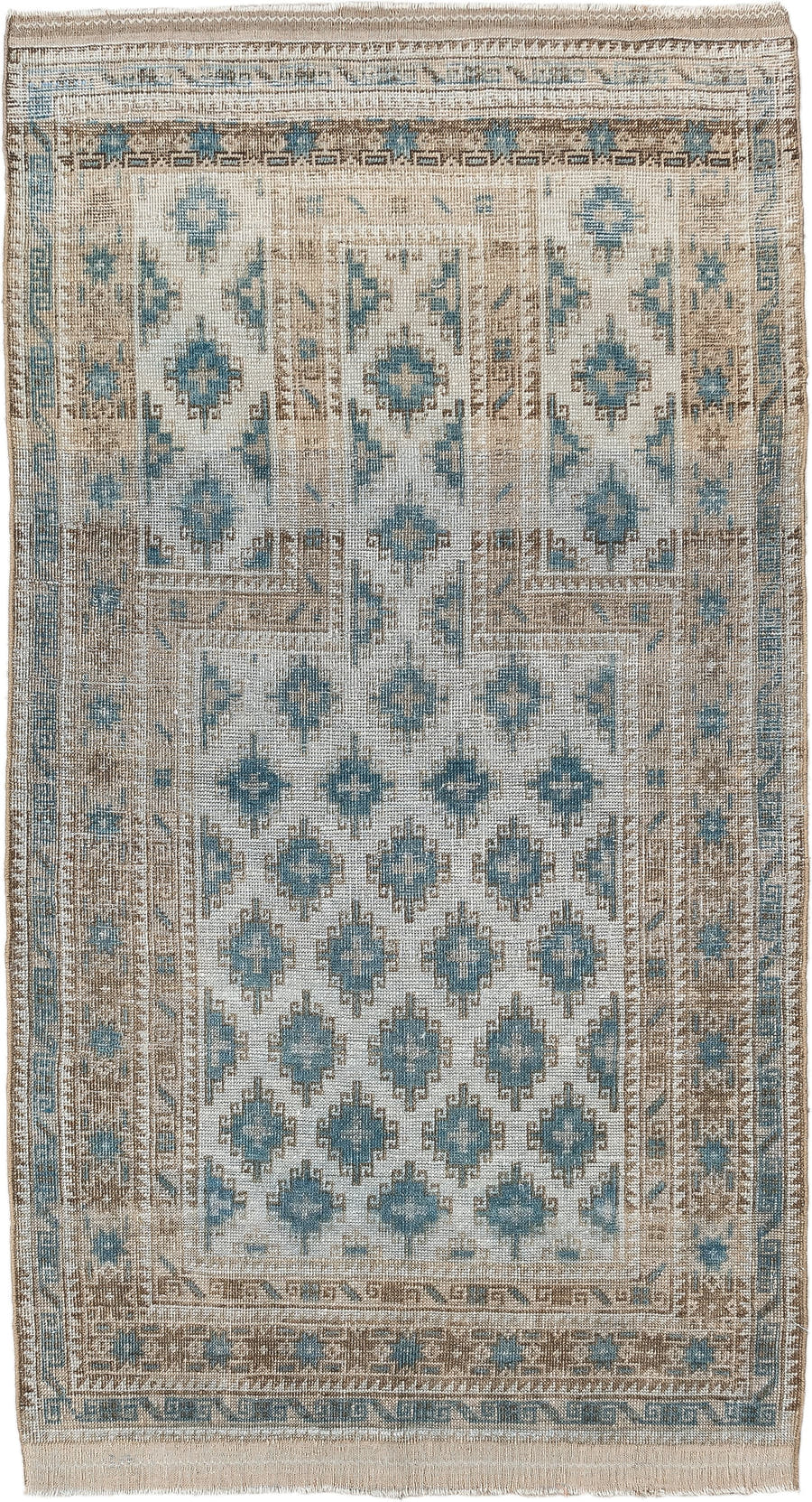 2' x 5' one-of-a-kind handmade antique Belouch small size rug. Color palette: ivory, sky blue, taupe, camel, beige