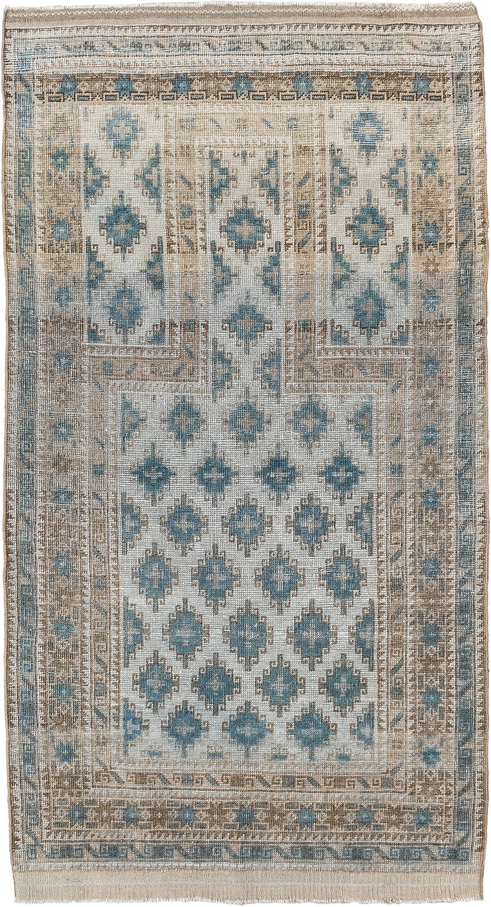 2' x 5' one-of-a-kind handmade antique Belouch small size rug. Color palette: ivory, sky blue, taupe, camel, beige
