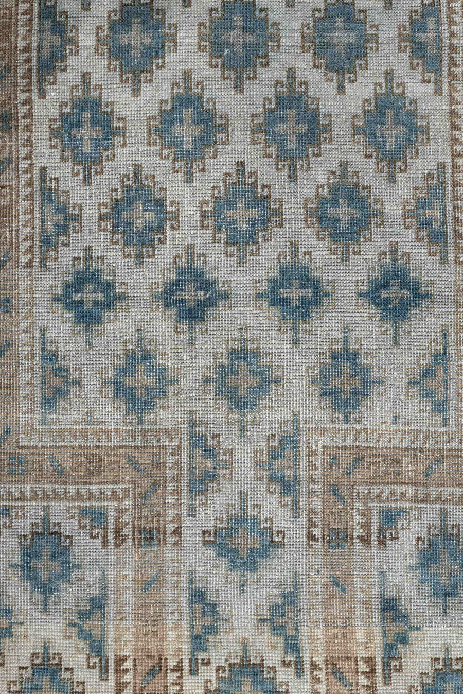 2' x 5' one-of-a-kind handmade antique Belouch small size rug. Color palette: ivory, sky blue, taupe, camel, beige