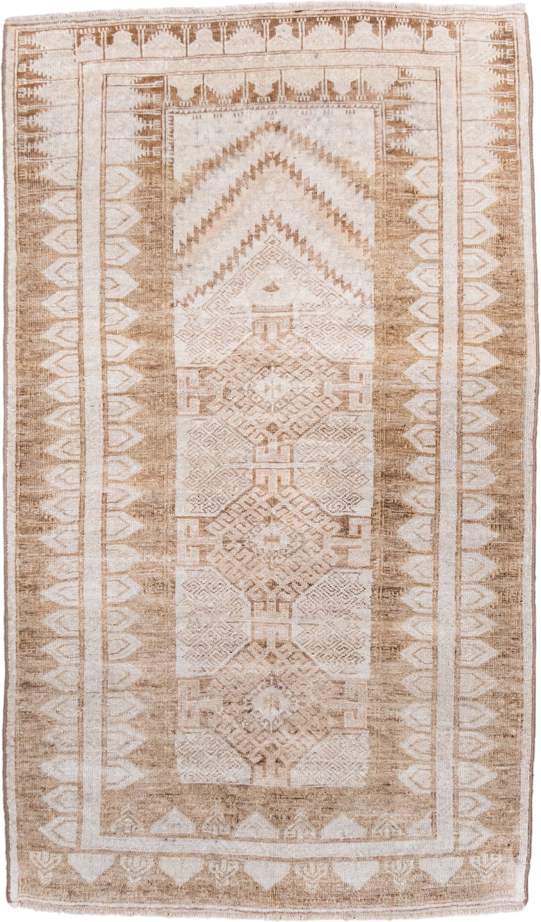 3' x 5' one-of-a-kind handmade antique Belouch small size rug. Color palette: ivory, camel, taupe, beige, sand, gray