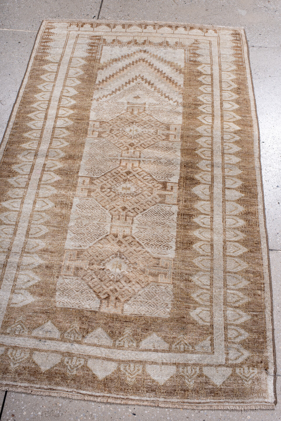 3' x 5' one-of-a-kind handmade antique Belouch small size rug. Color palette: ivory, camel, taupe, beige, sand, gray