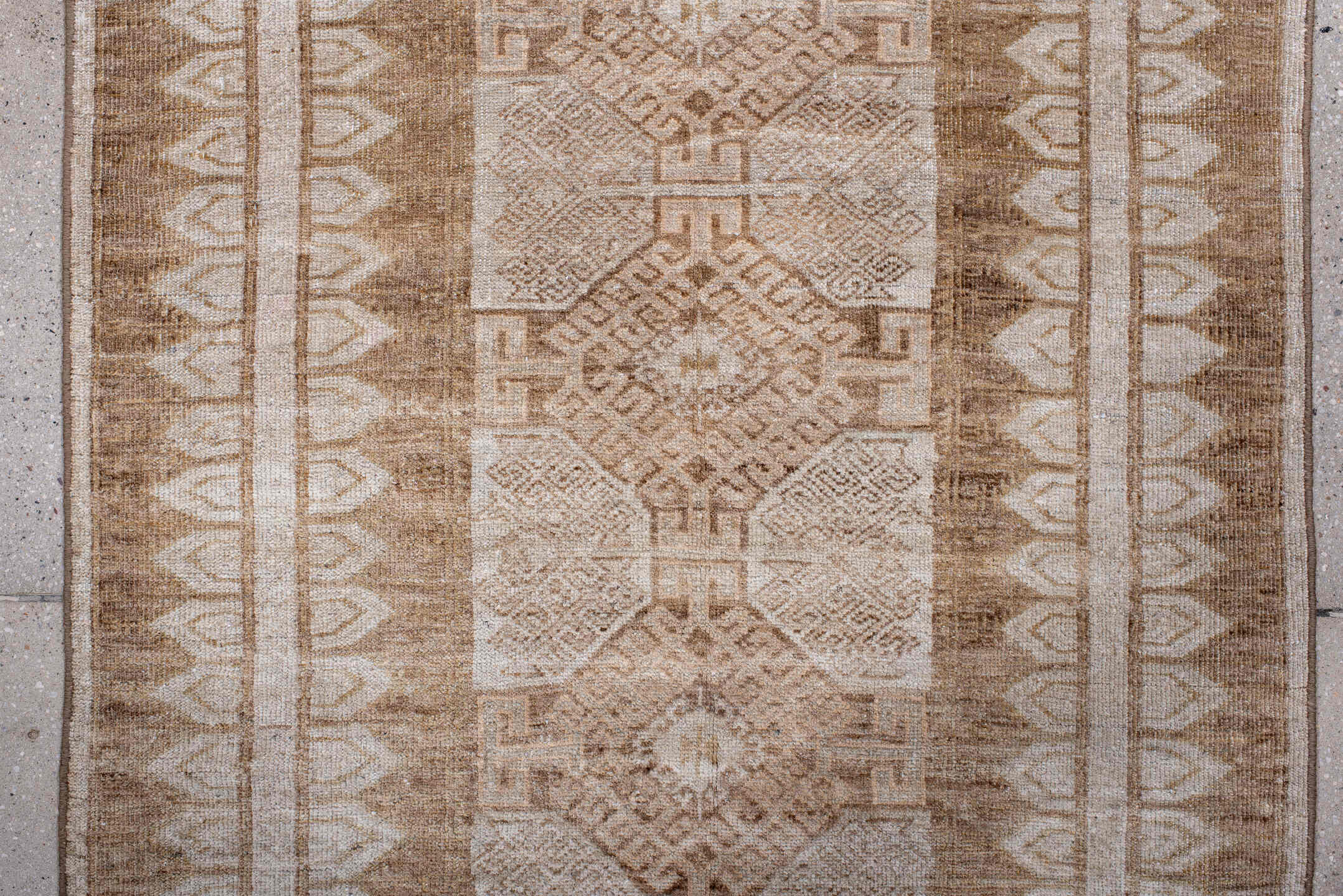3' x 5' one-of-a-kind handmade antique Belouch small size rug. Color palette: ivory, camel, taupe, beige, sand, gray
