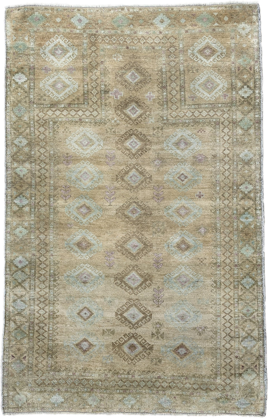 3' x 4' one-of-a-kind handmade antique Belouch small size rug. Color palette: camel, taupe, ivory, pale aqua, soft lavender