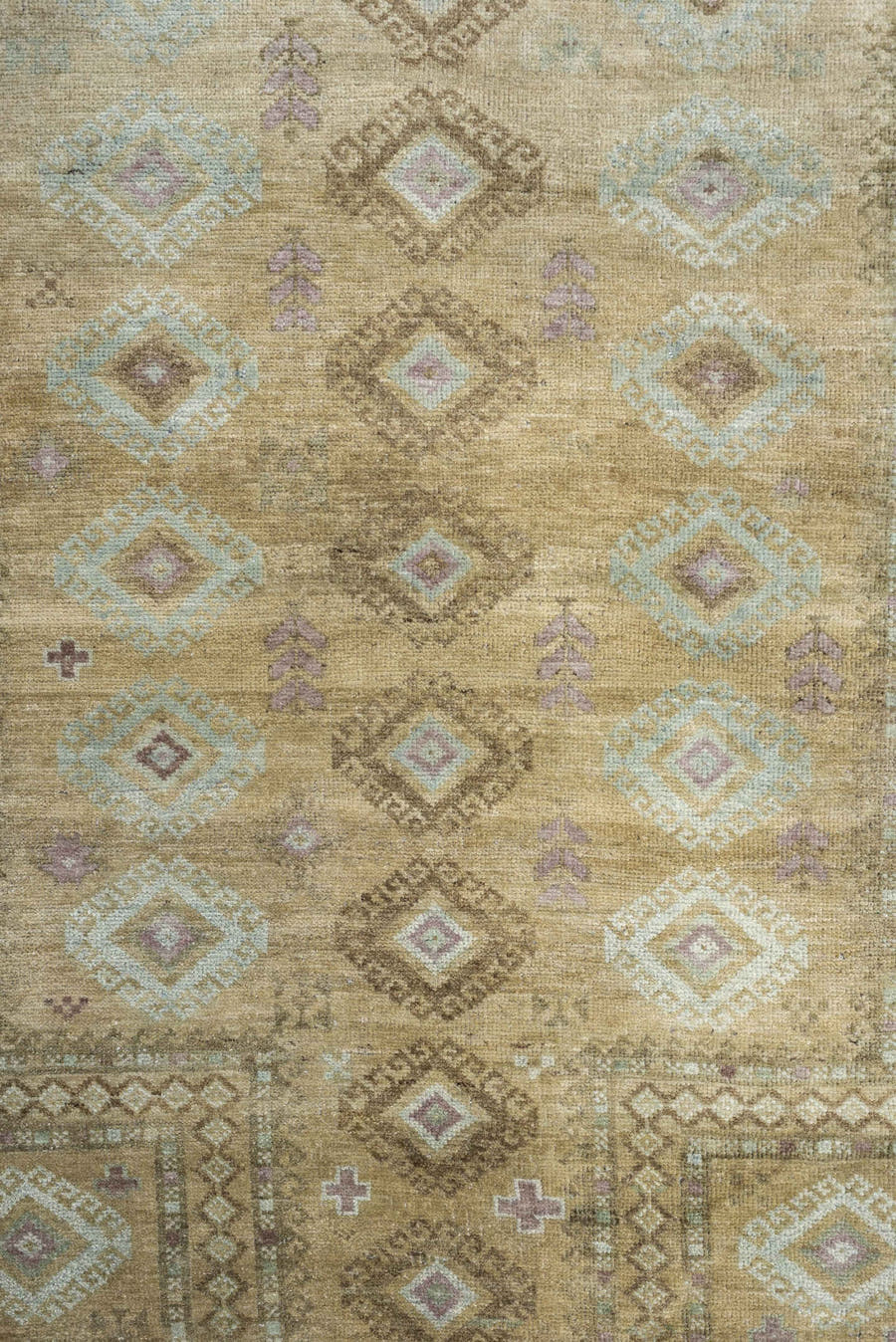 3' x 4' one-of-a-kind handmade antique Belouch small size rug. Color palette: camel, taupe, ivory, pale aqua, soft lavender