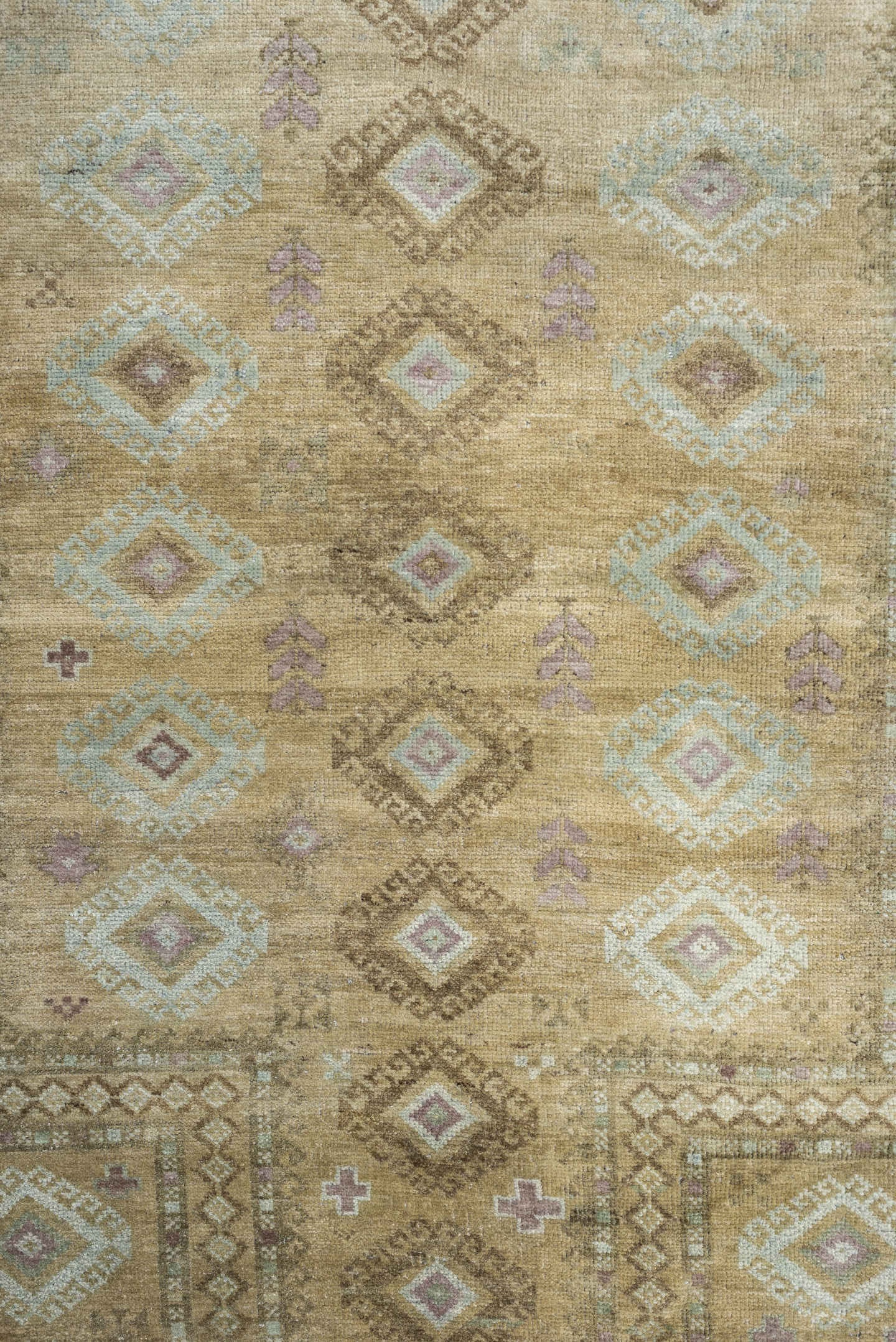3' x 4' one-of-a-kind handmade antique Belouch small size rug. Color palette: camel, taupe, ivory, pale aqua, soft lavender